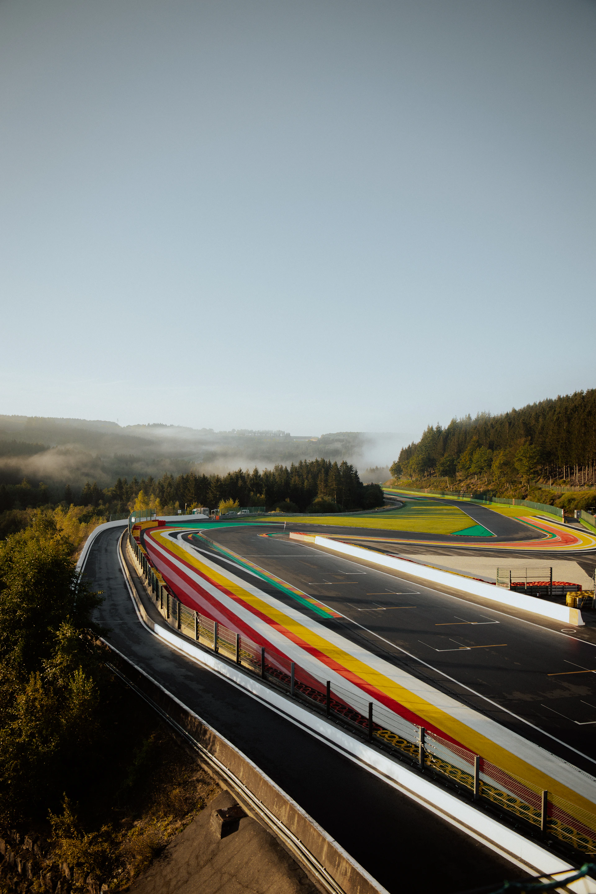 A race track is seen with colorful painted lines.