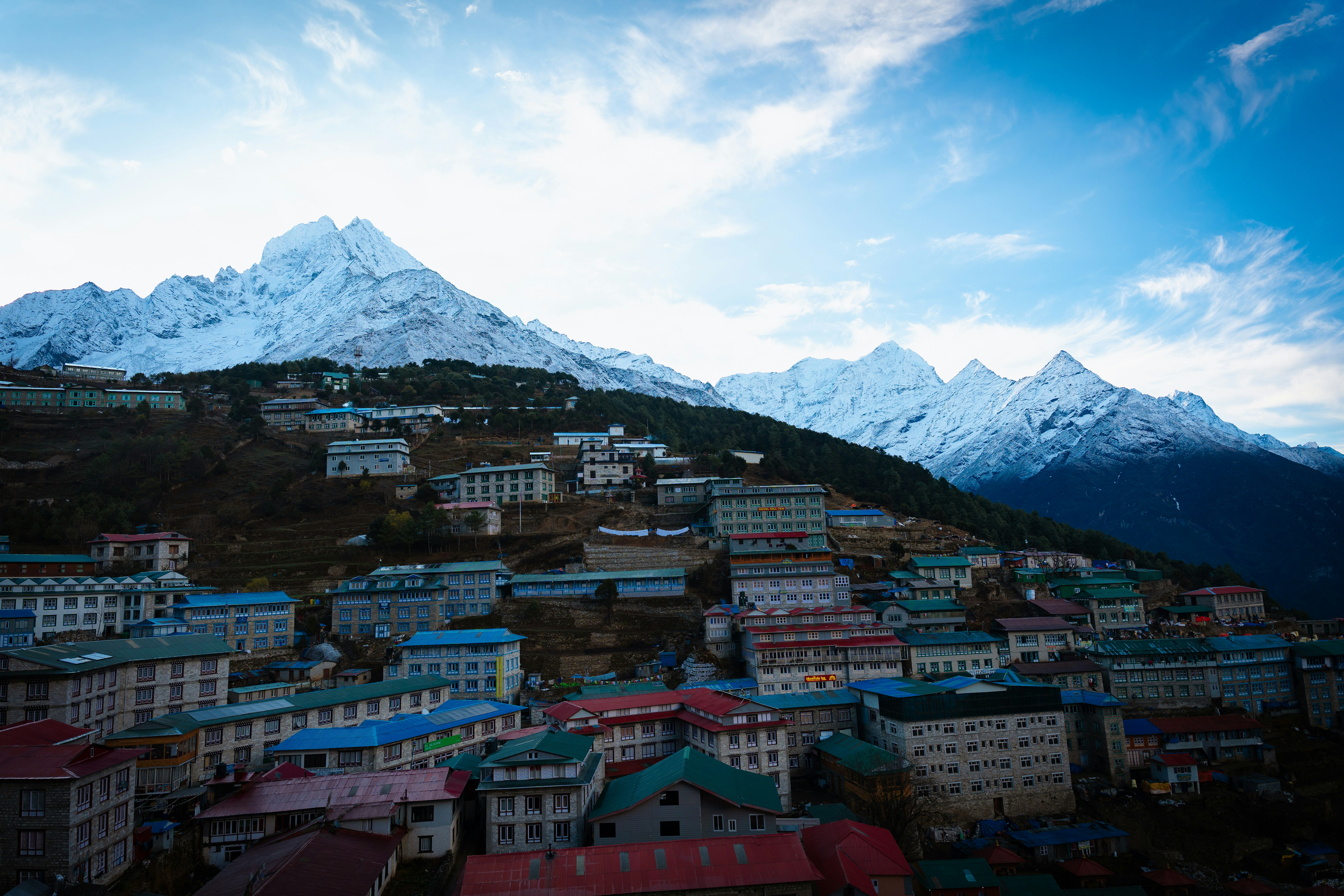 A mountain town nestled under snow-capped peaks.