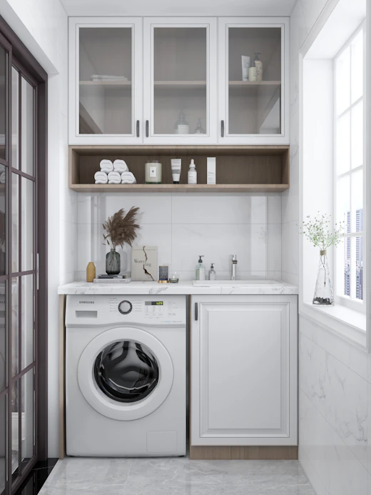 White laundry cabinet finish preview