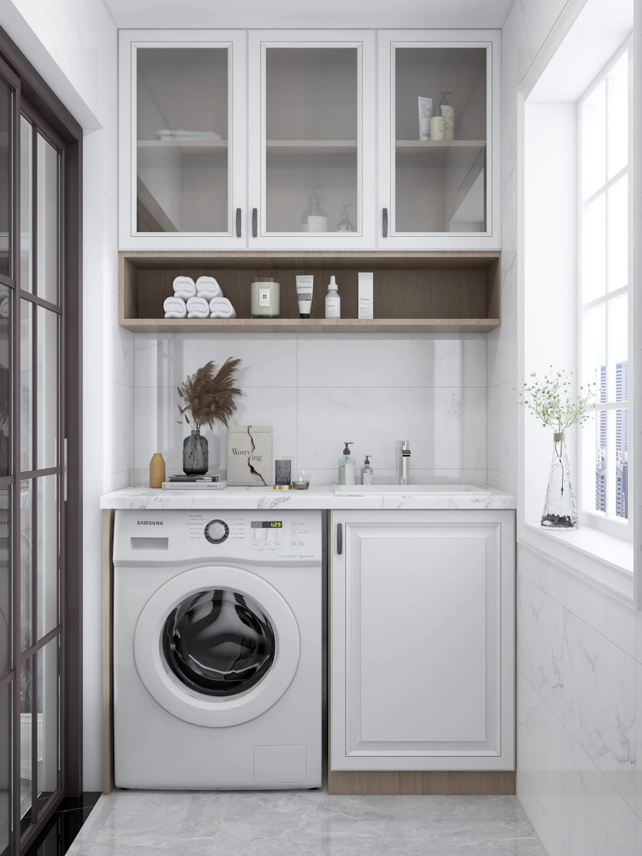 Upper cabinets above balcony laundry washer