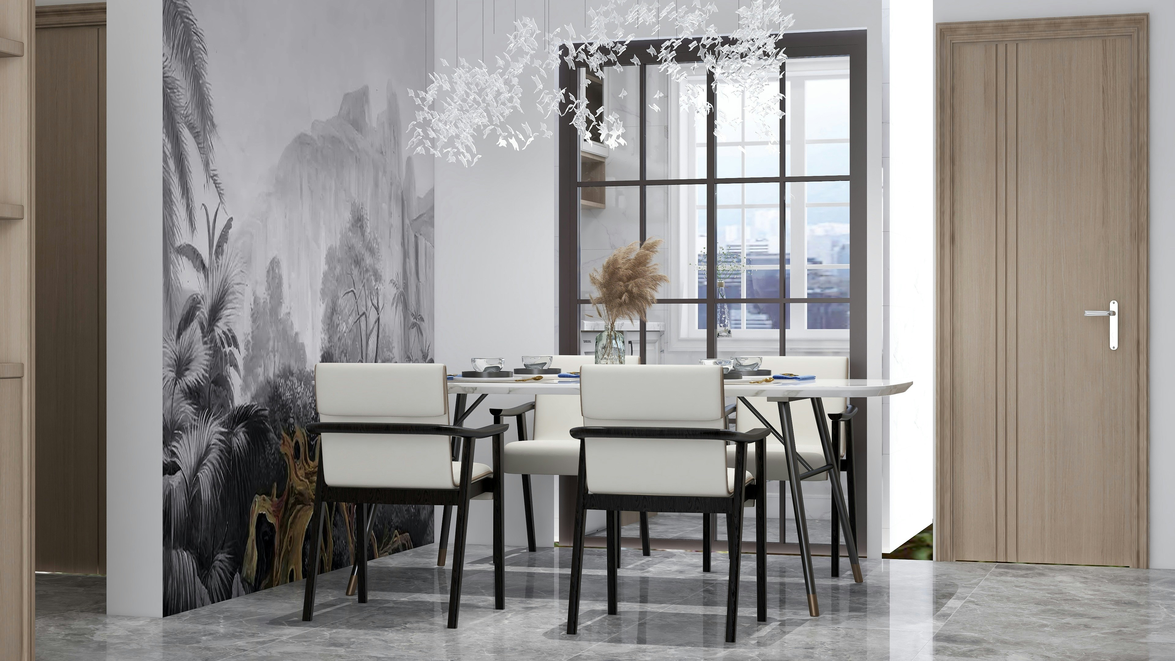 A modern dining room with stylish chairs.
