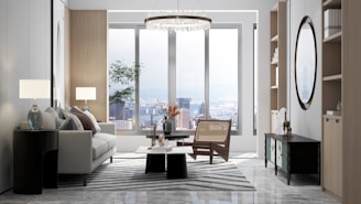 A modern living room with a cityscape view.