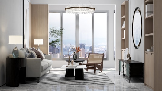 A modern living room with a cityscape view.