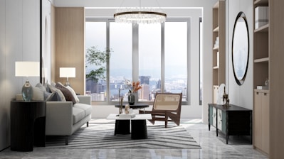 A modern living room with a cityscape view.