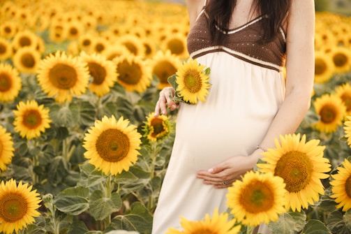 Pregnant woman poses in a sunflower field.