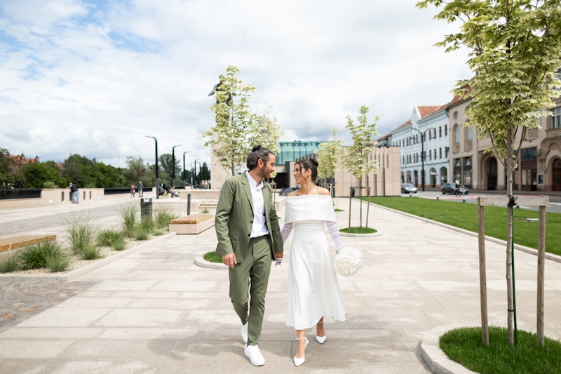 Newlyweds walking happily