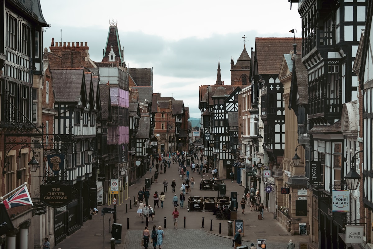 The historic city walls and rooftops of Chester in Cheshire West and Chester
