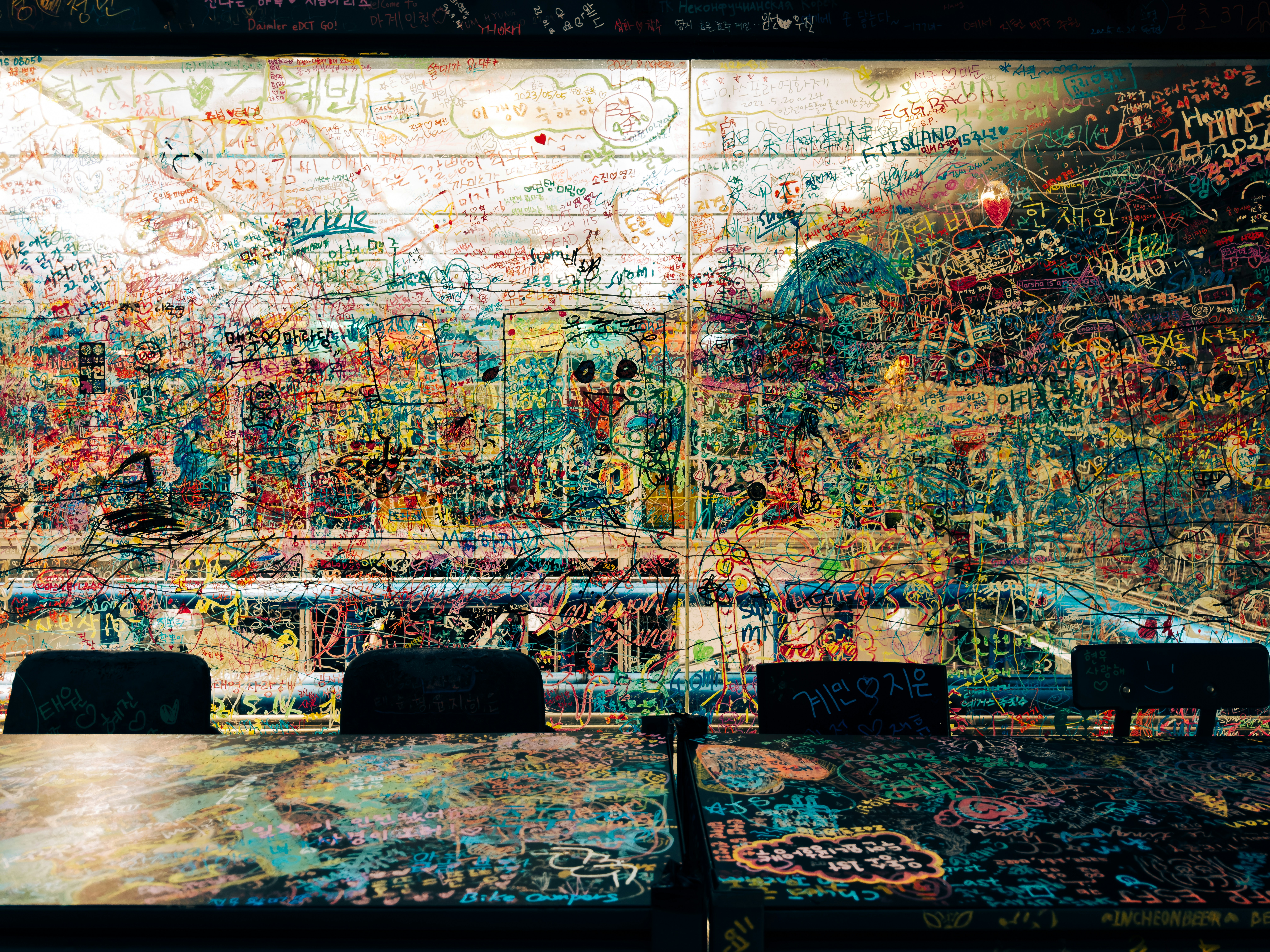 Graffiti-covered creative workspace