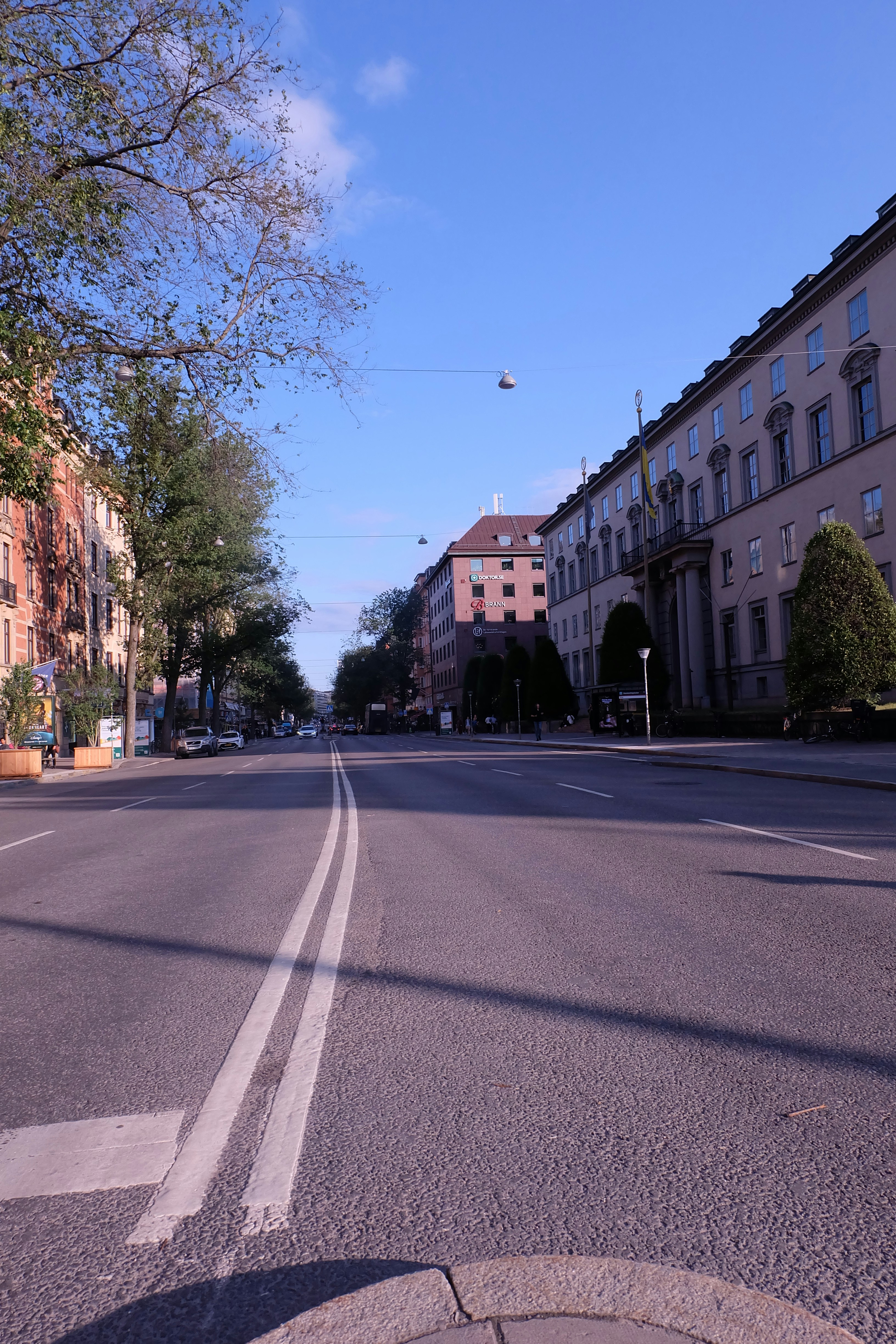Empty street in a city with tall buildings.
