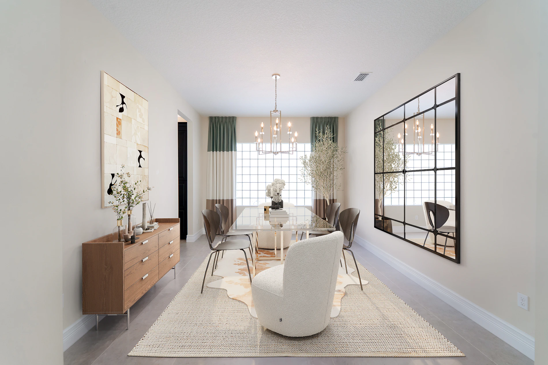 Bright refined dining interior with neutral chairs, mirror, lighting and home décor