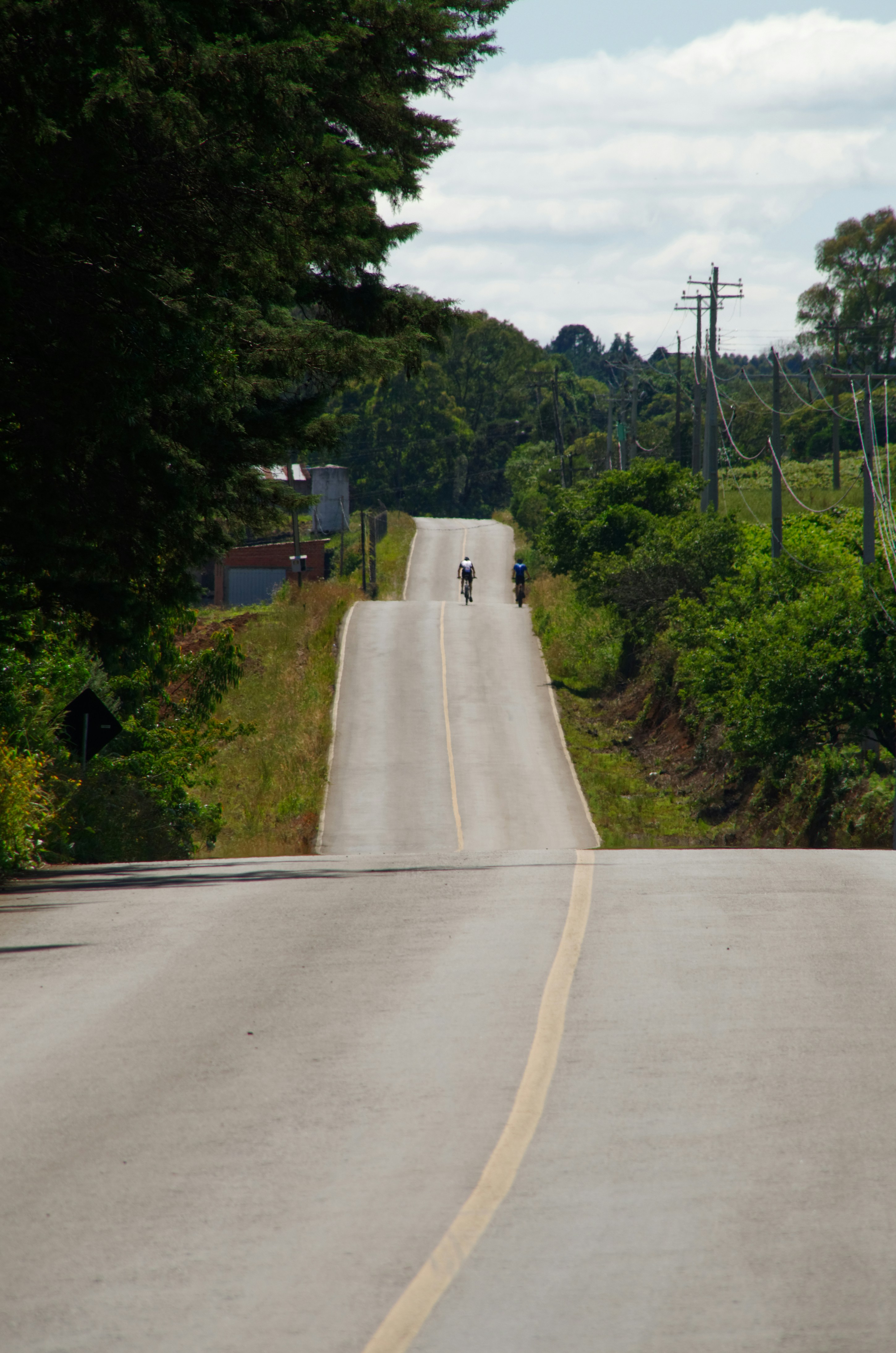 Cyclists are riding uphill on a long, winding road.