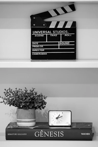 Movie clapper and decor on a shelf.