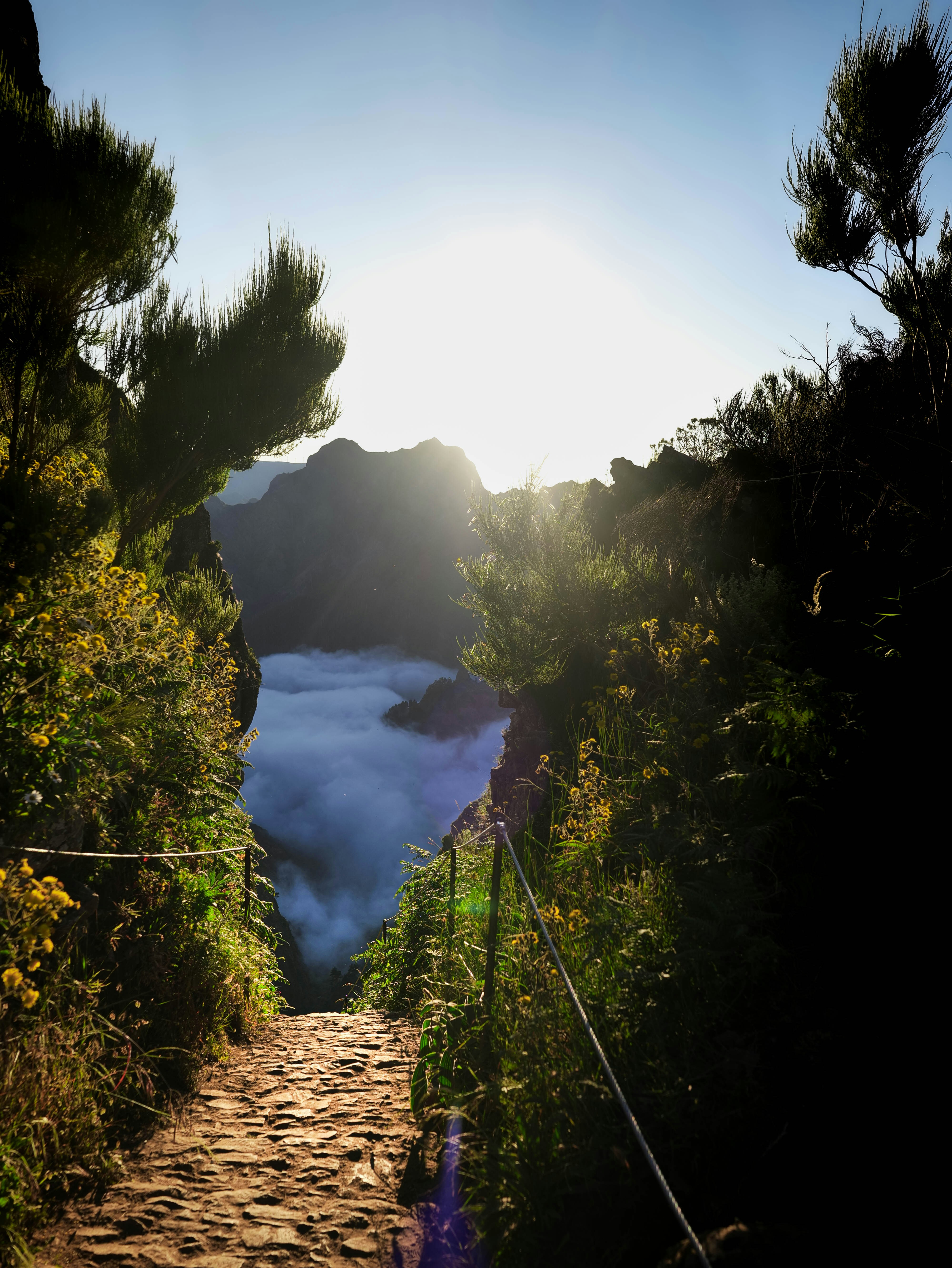 Sunlight shines over a mountain path and clouds.