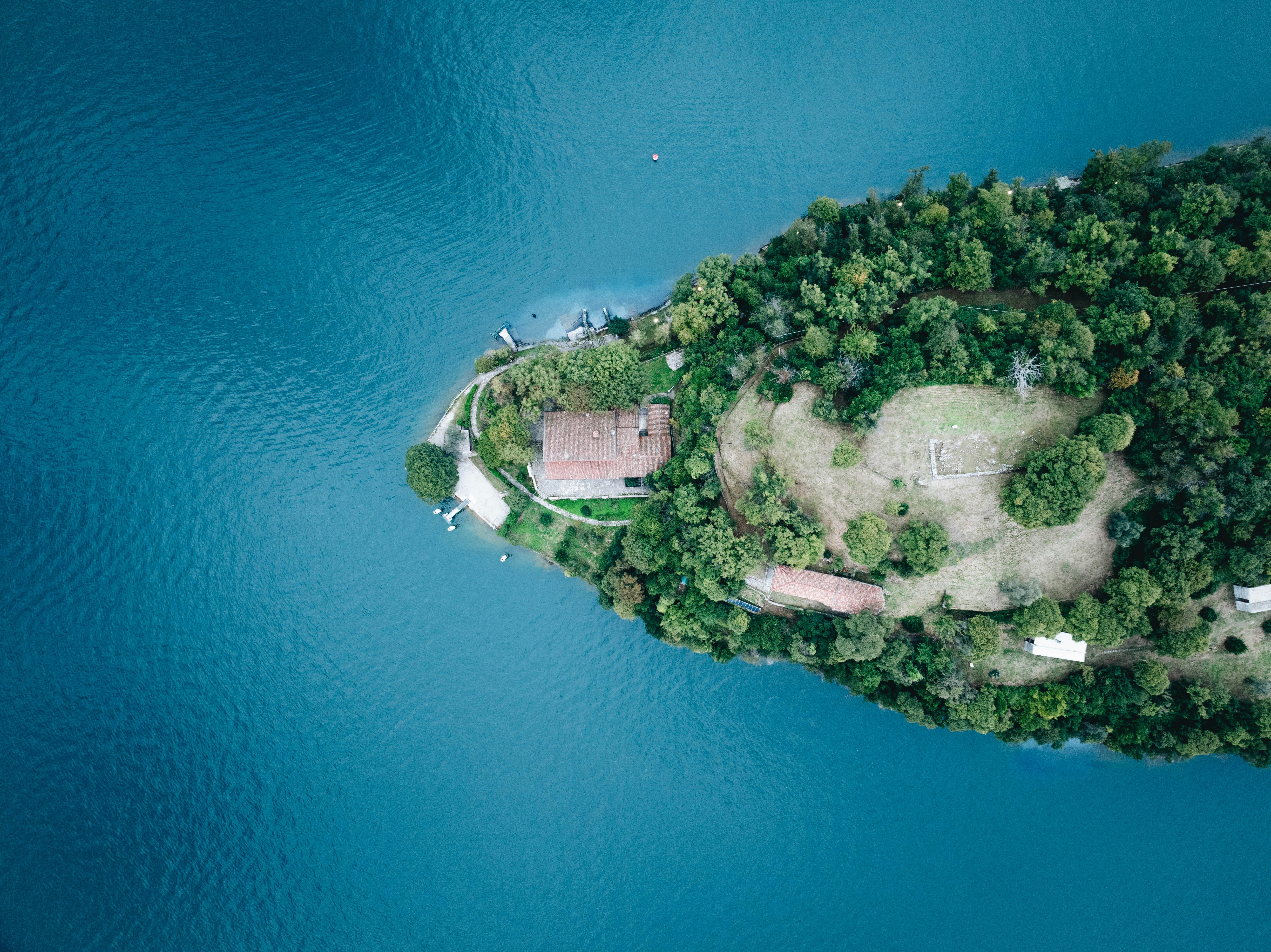 An aerial view of a lush island.
