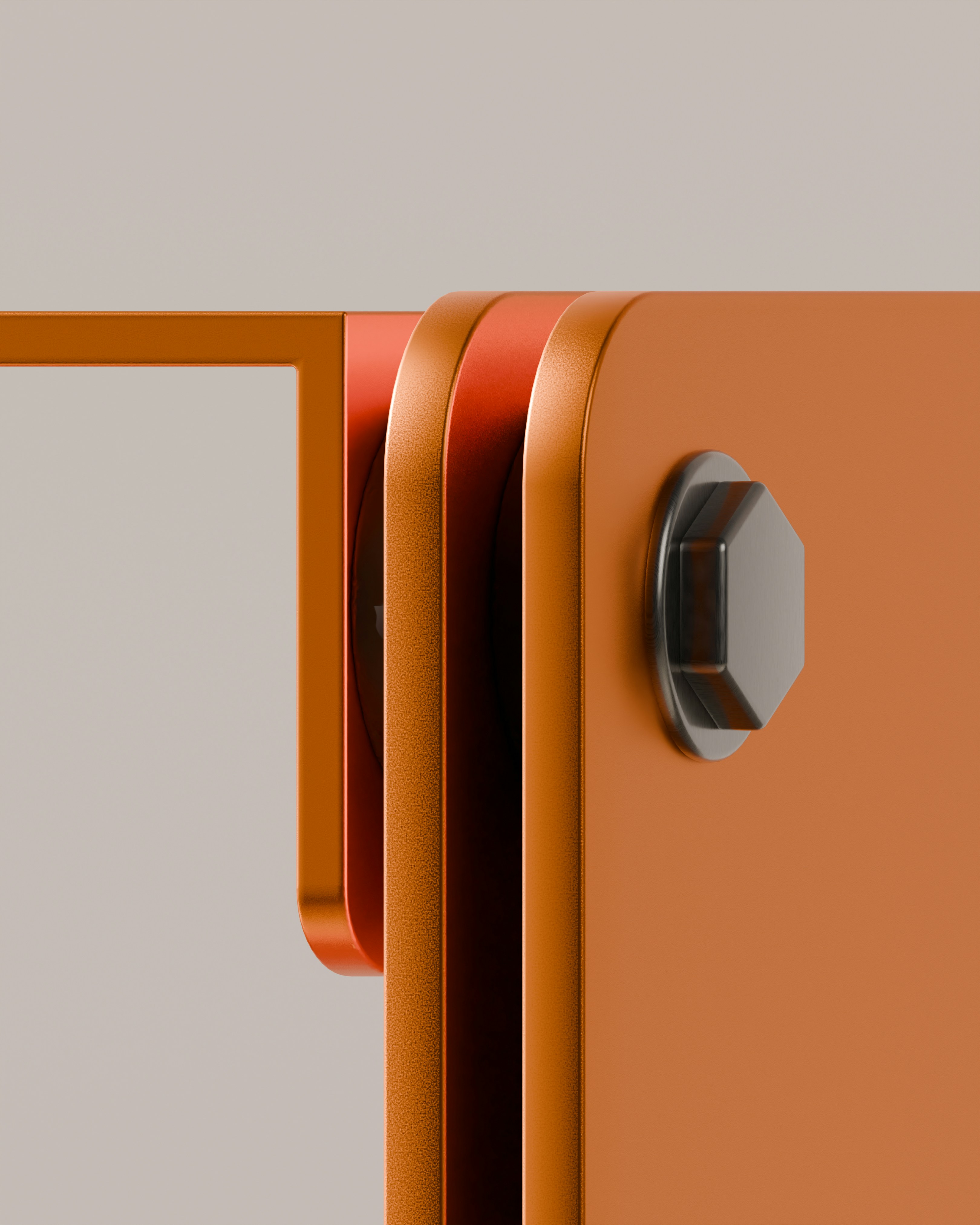 Close-up of orange metal plates and a bolt.