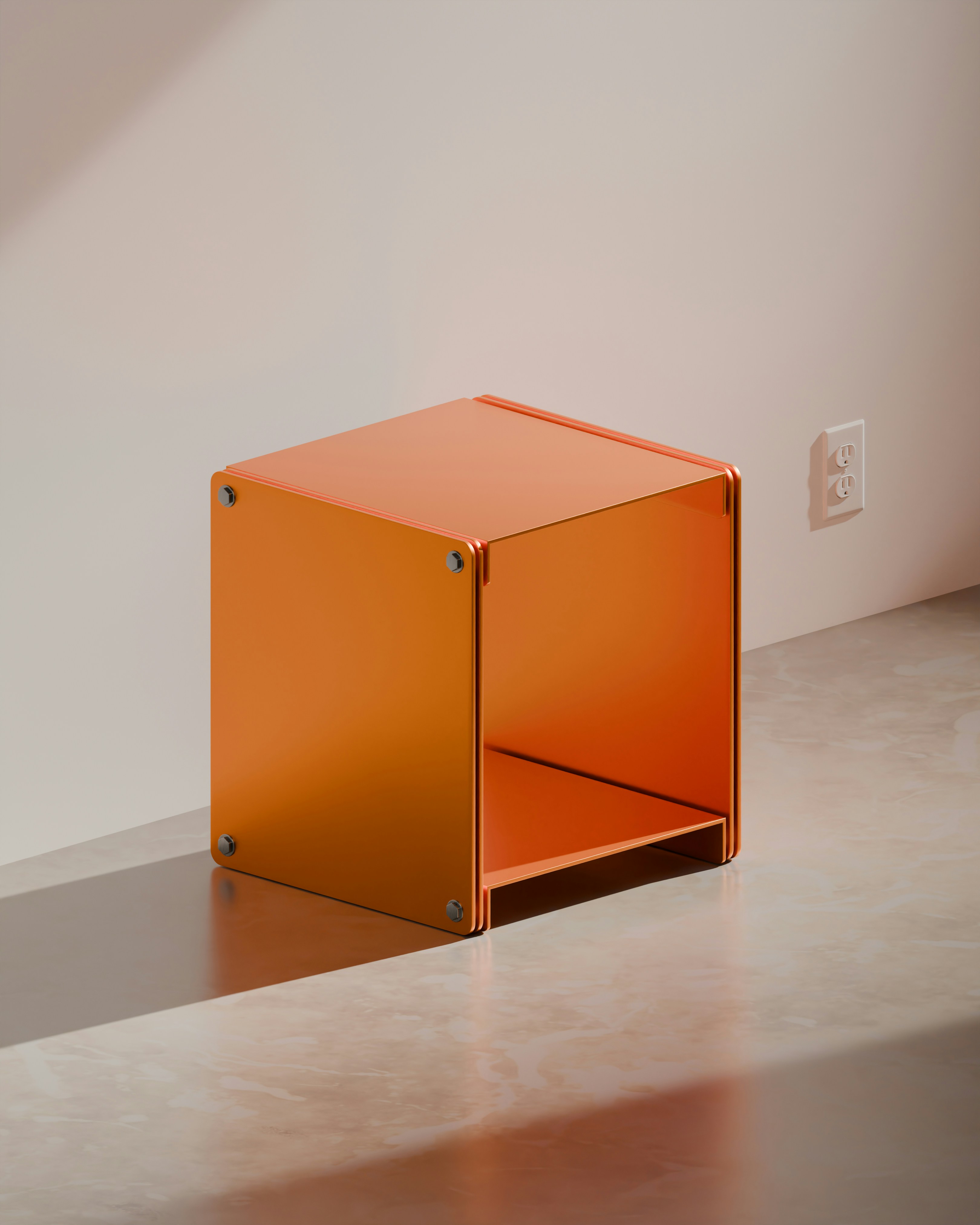 An orange cube-shaped side table is shown.