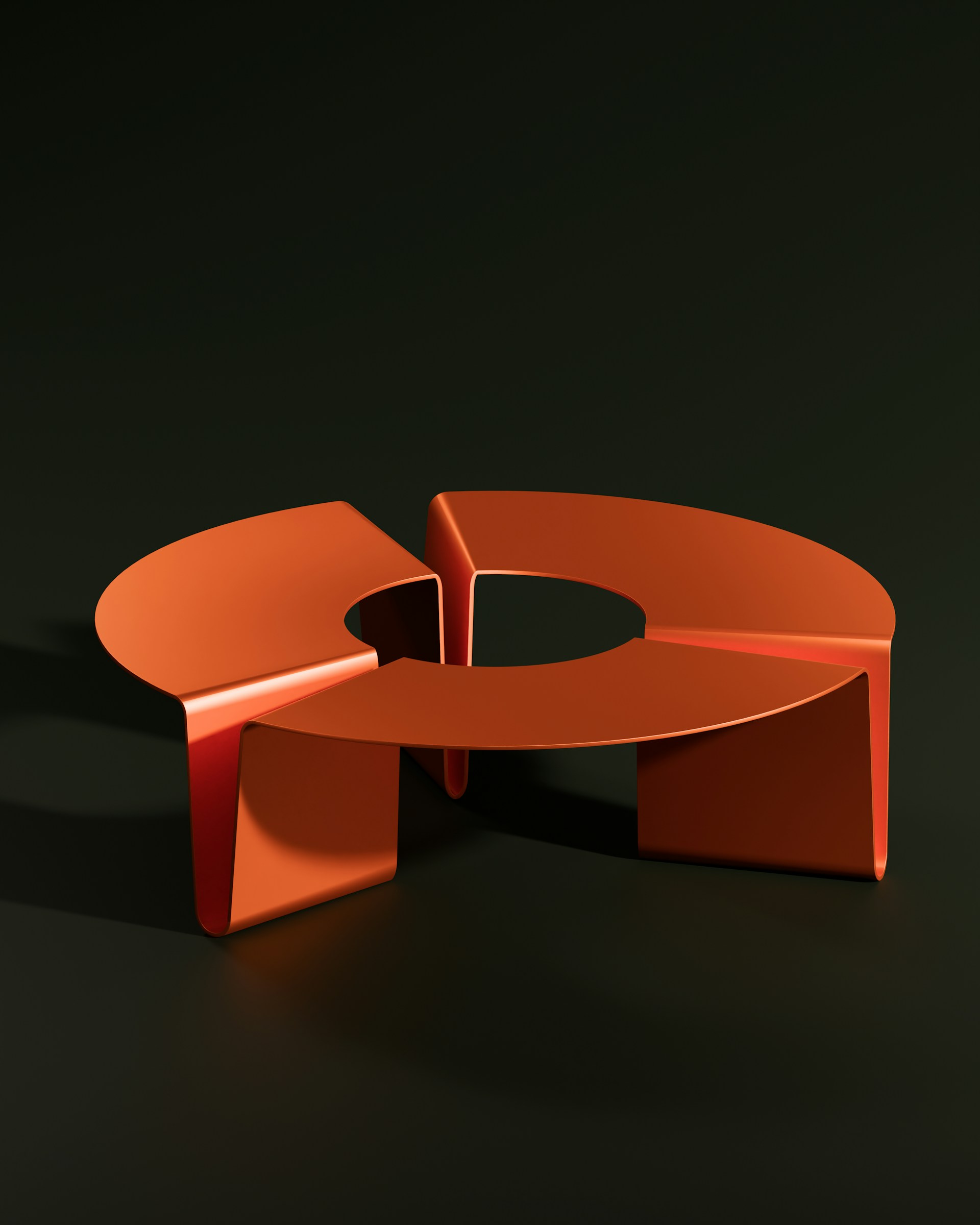 A unique orange table sits alone.