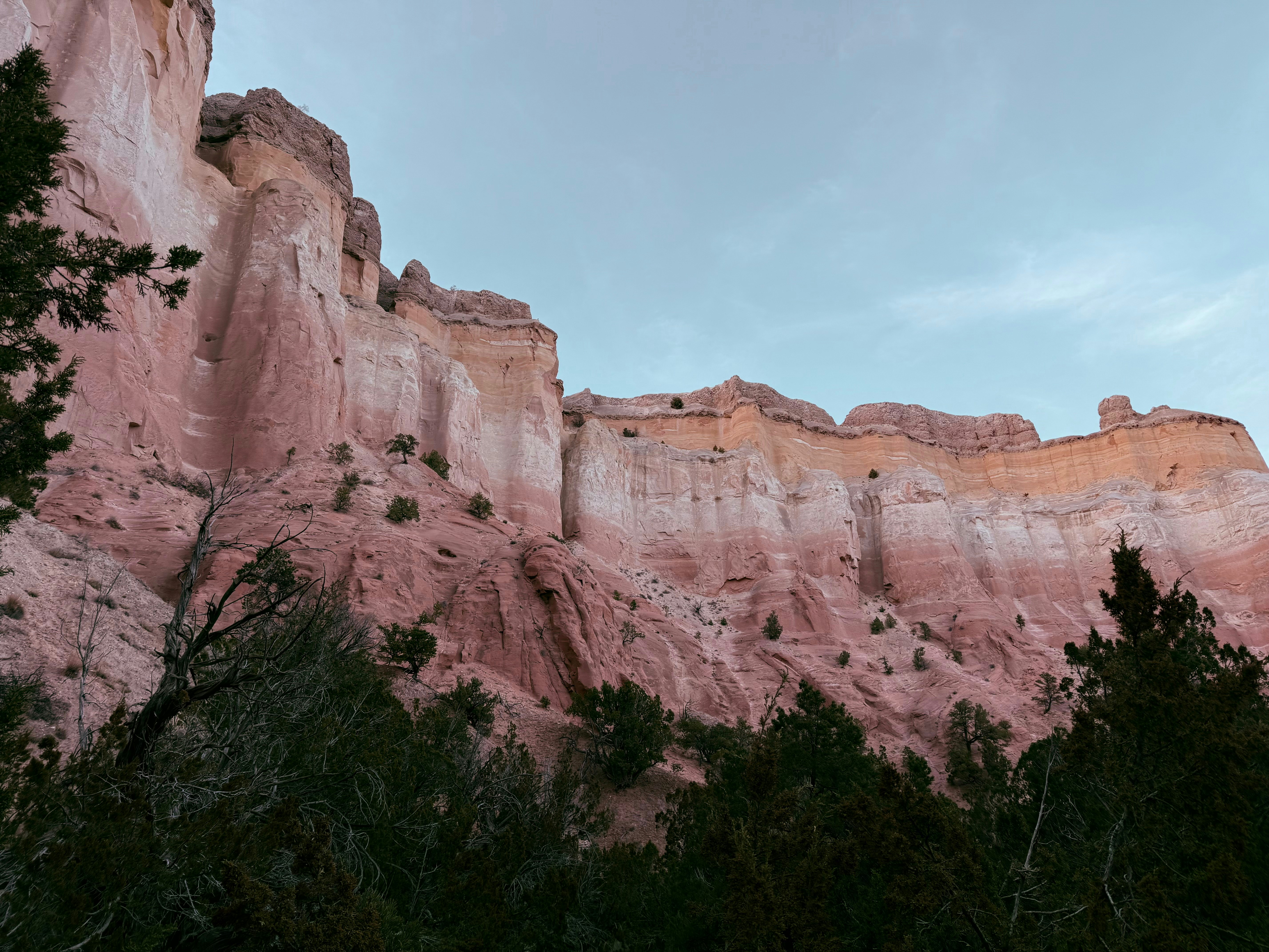 Des falaises rouges et beiges dominent des arbres verts.