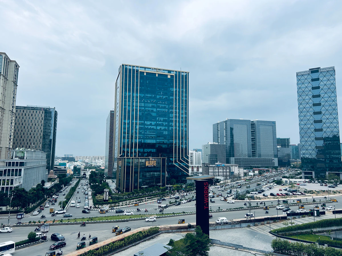 Modern city skyline with office towers and roads