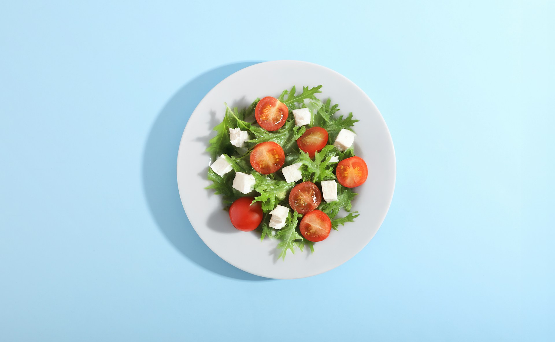 A plate of fresh salad with tomatoes and cheese.