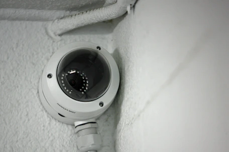A security camera is mounted on the wall.