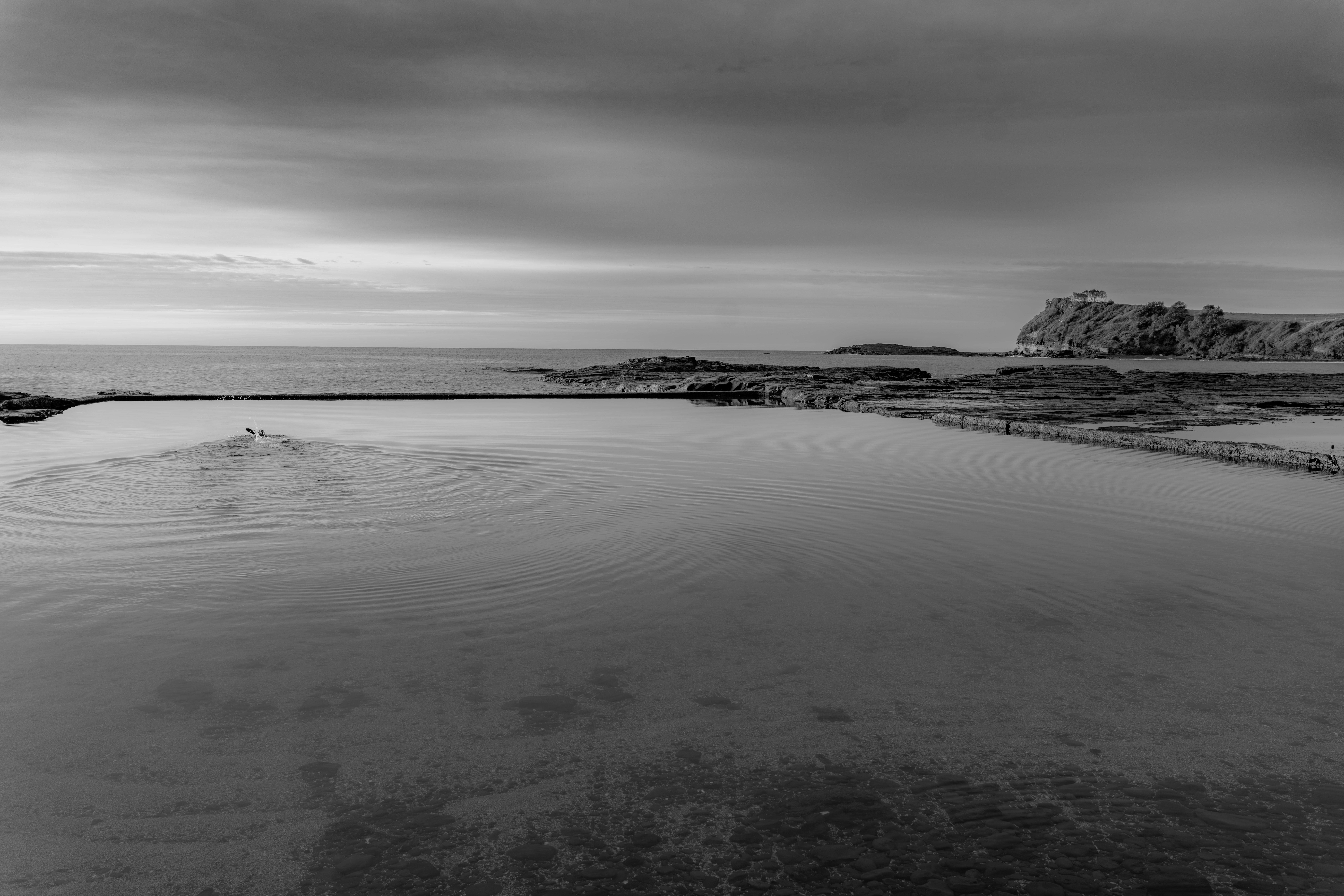 Calm, black and white beach landscape and reflection.