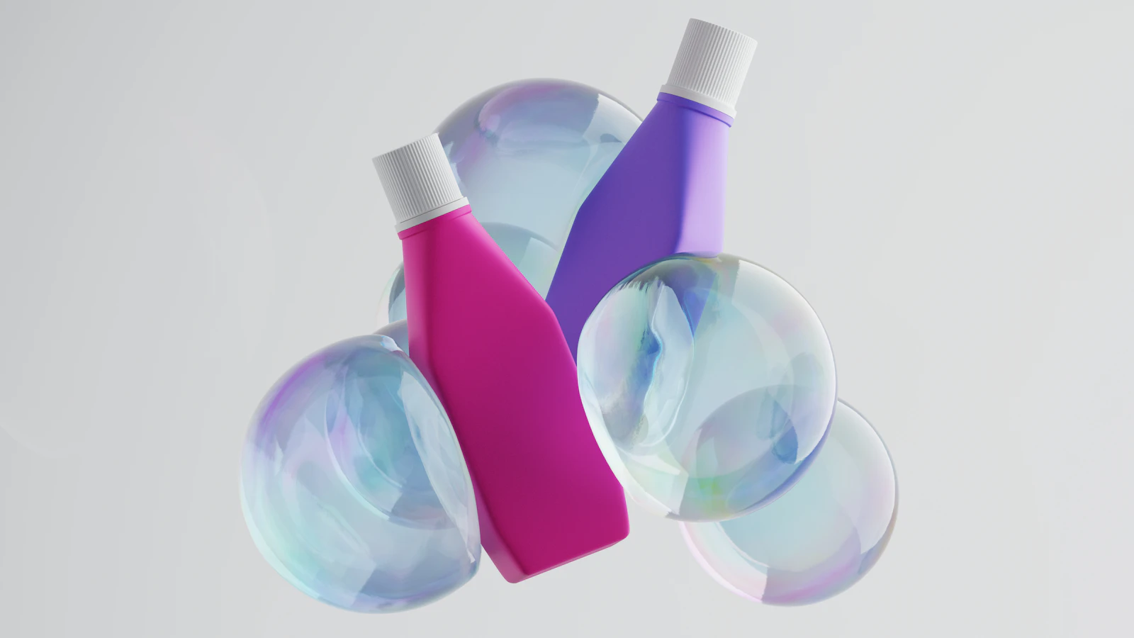 Two bottles floating among iridescent soap bubbles