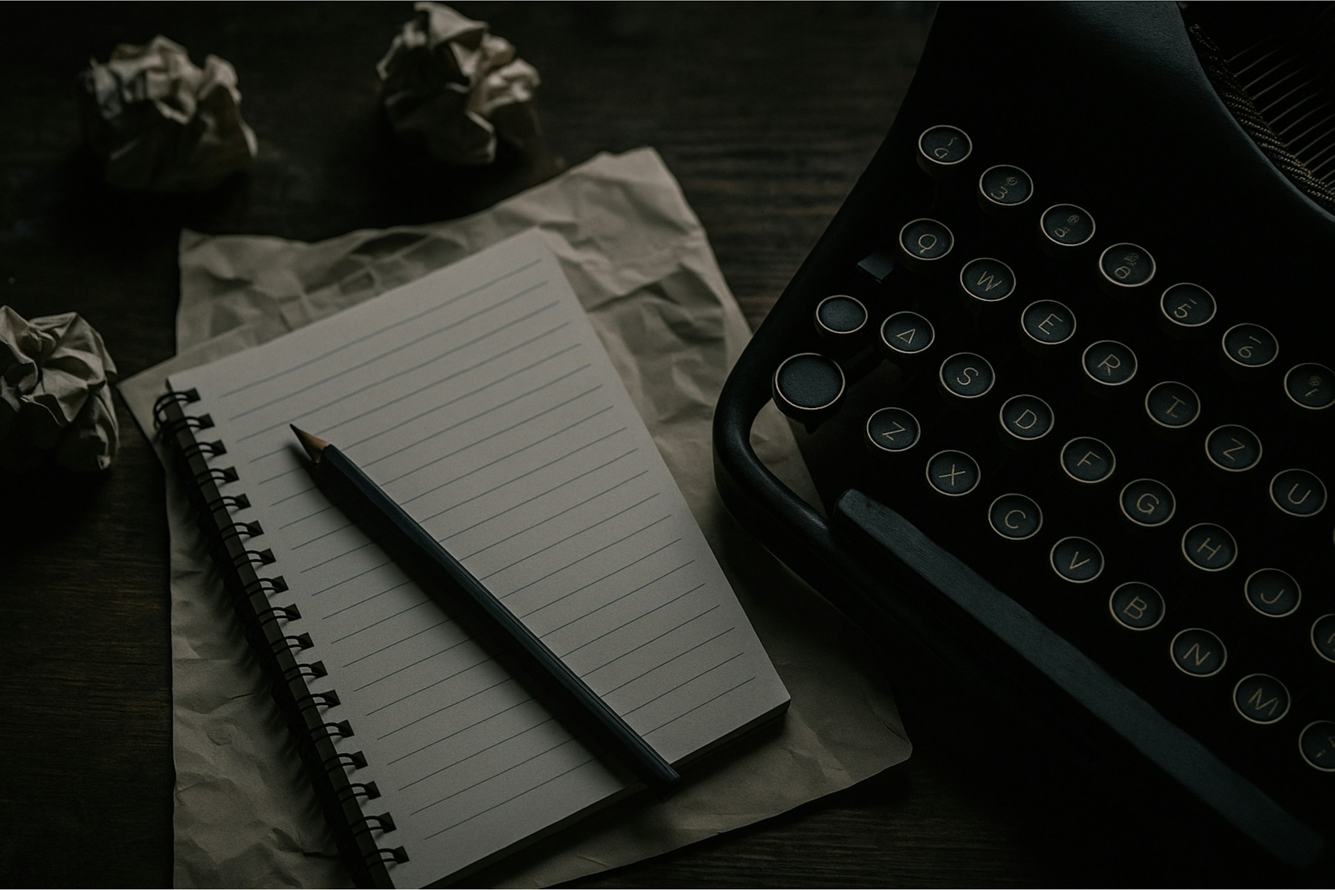 A typewriter, notepad, and crumpled paper are shown.