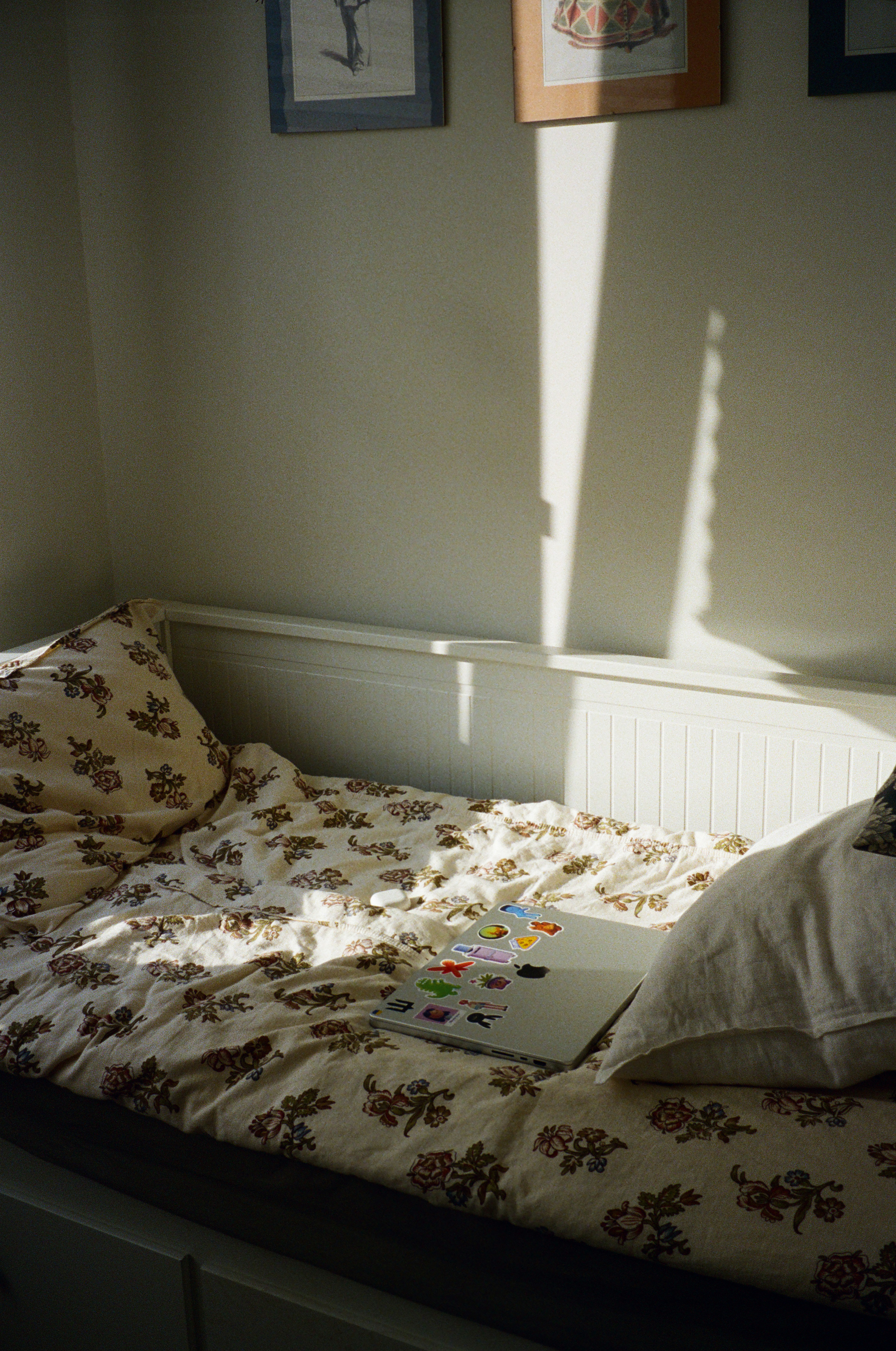 A sunny corner bed with a palette.