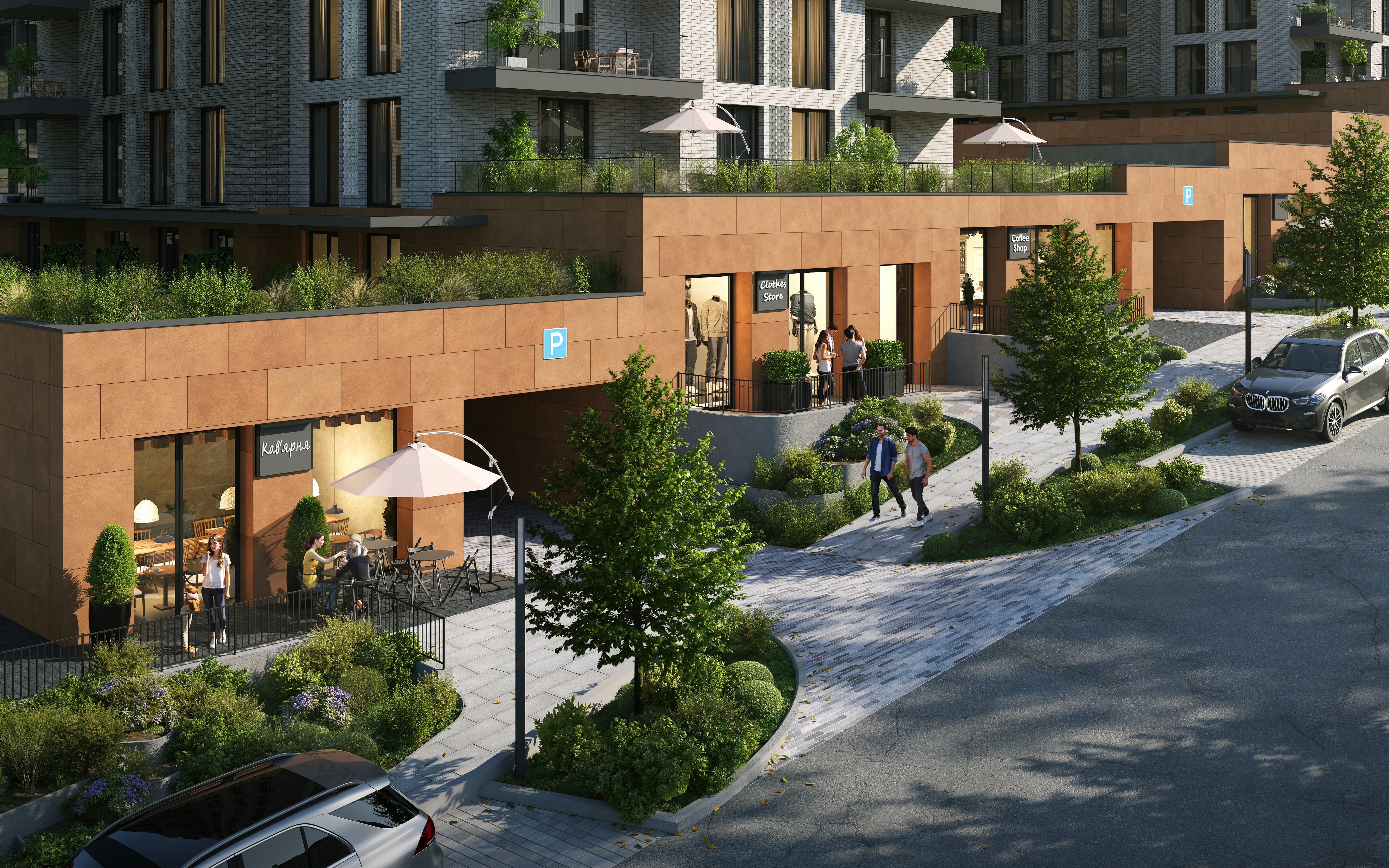 An apartment building with shops and a pathway.