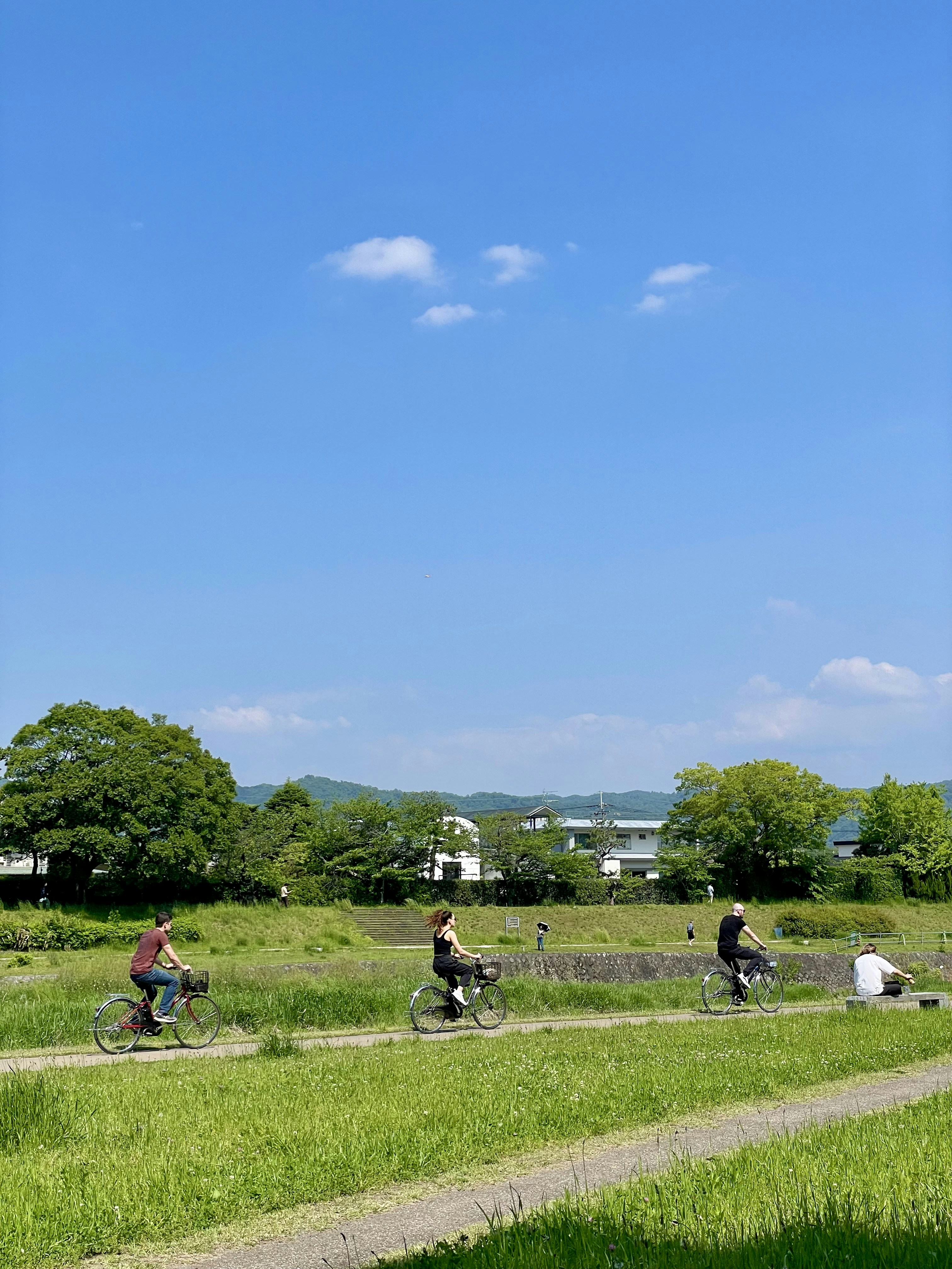 People are cycling along a path in the sun.