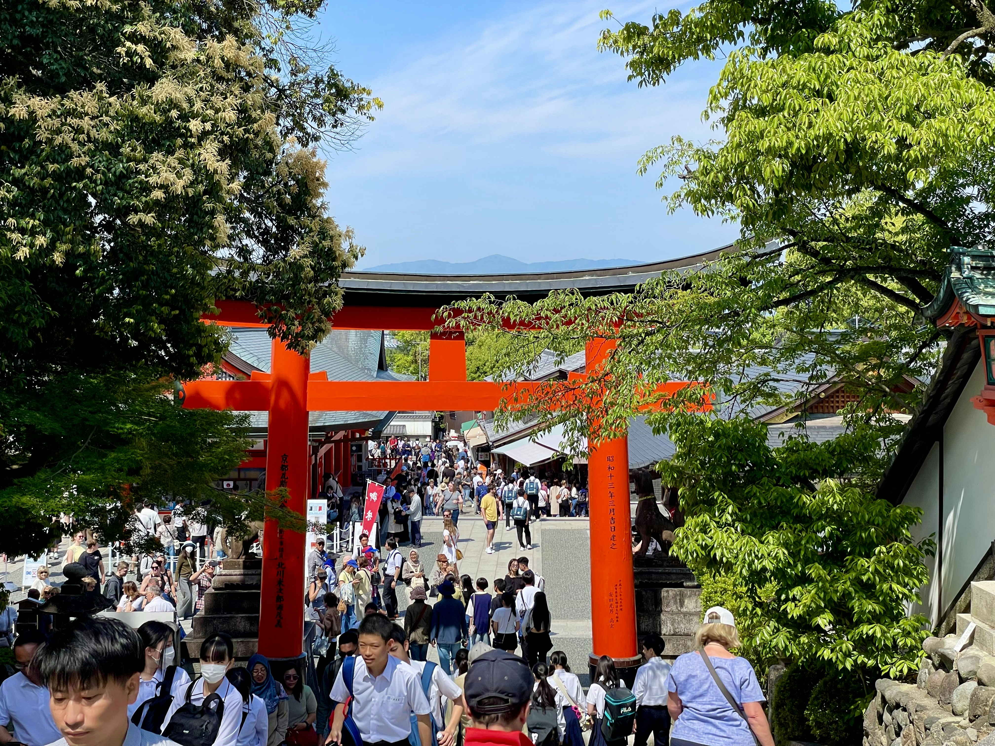 Des promeneurs traversant respectueusement un portique Torii rouge traditionnel dans un cadre naturel