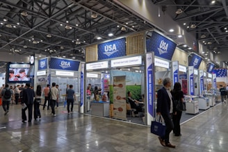 People are attending an exposition or trade show.