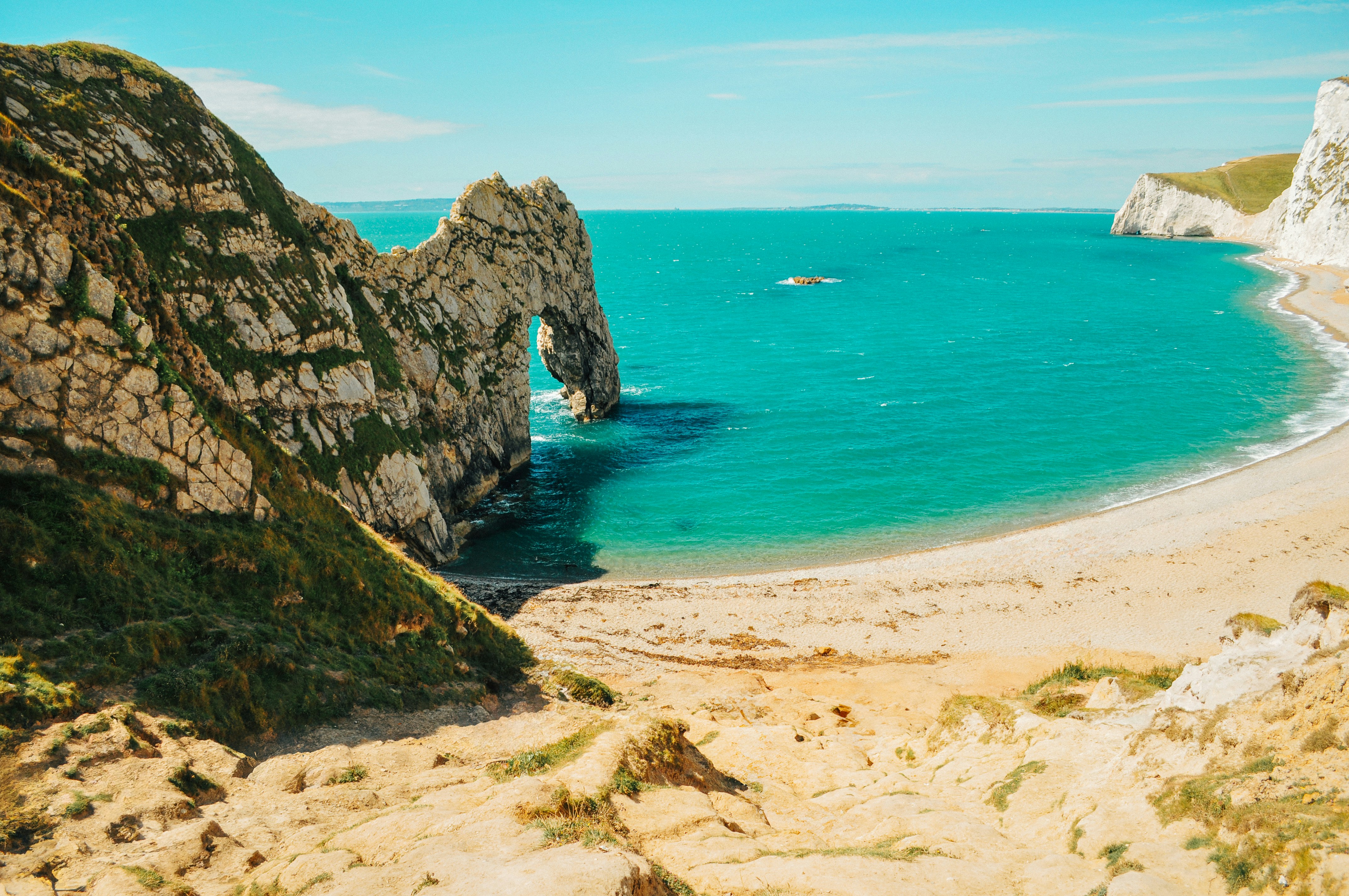 A beautiful coastal scene with rock formations.