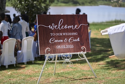 Wedding sign welcoming guests to caron and erick's event.