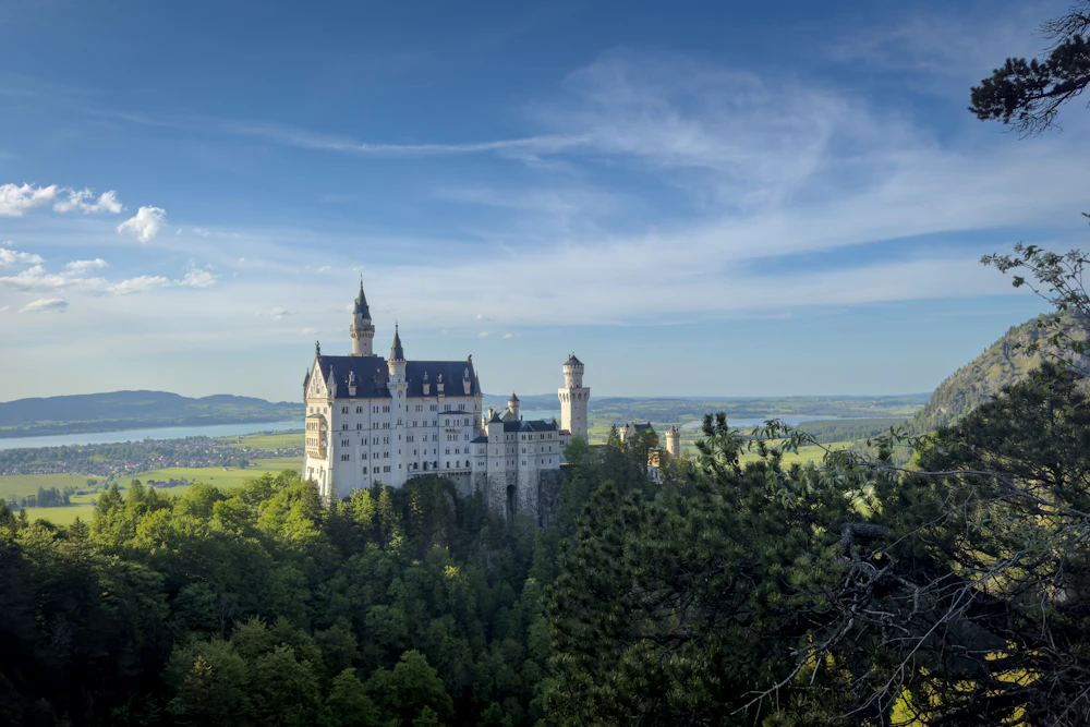 Neuschwanstein Castle on a green hill in Bavaria, Germany