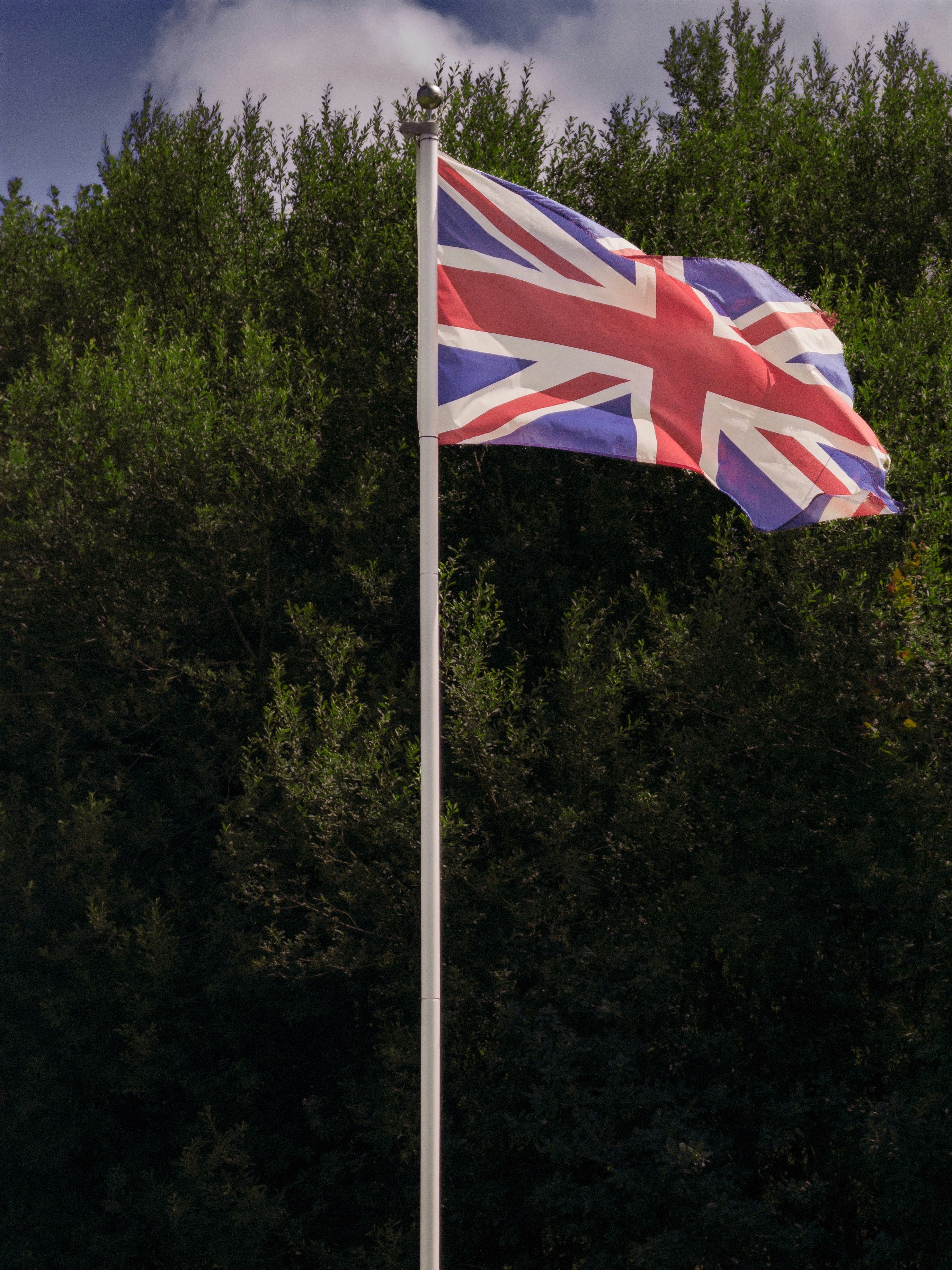 The union jack flies in front of green trees.