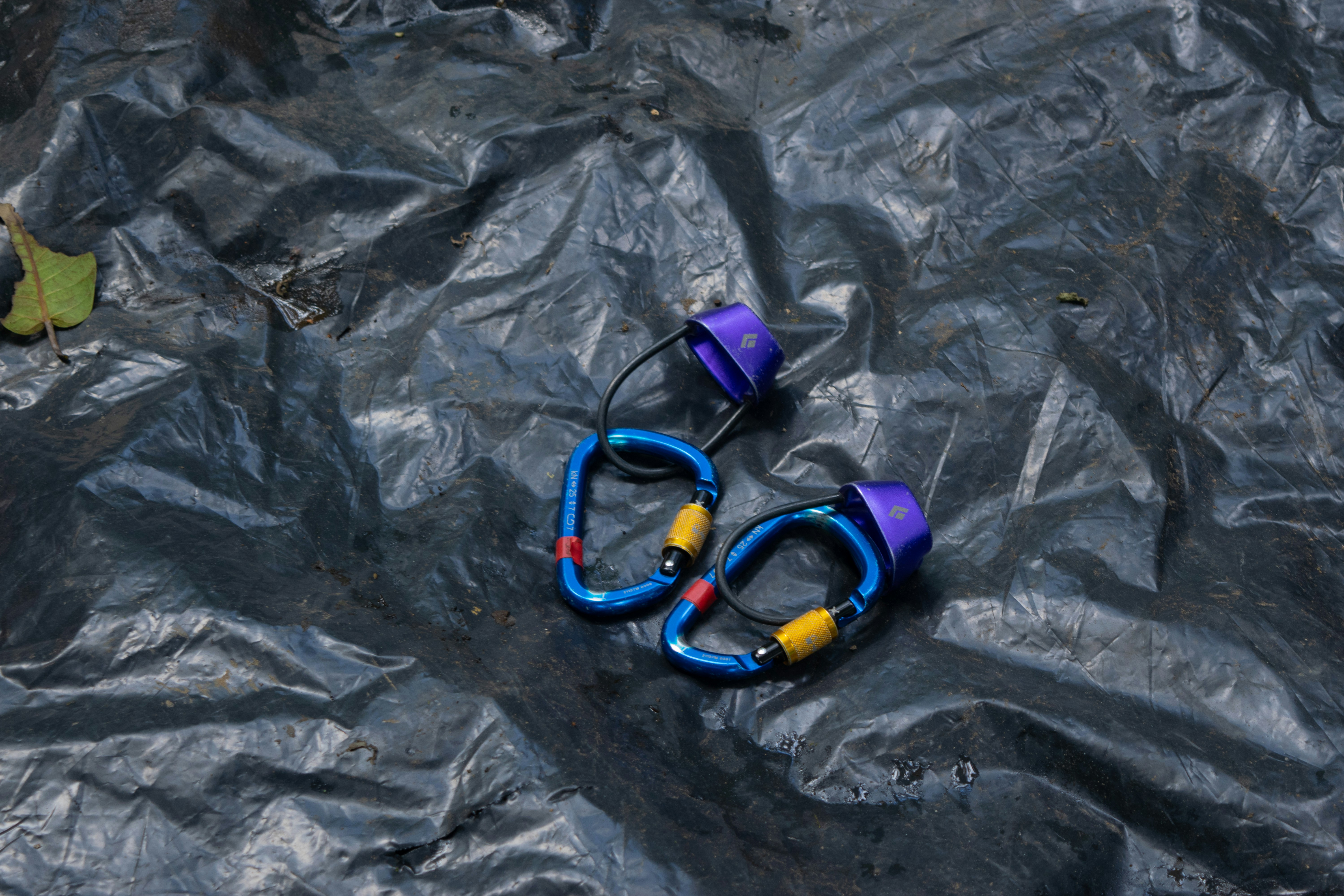 Two climbing carabiners lie on dark material