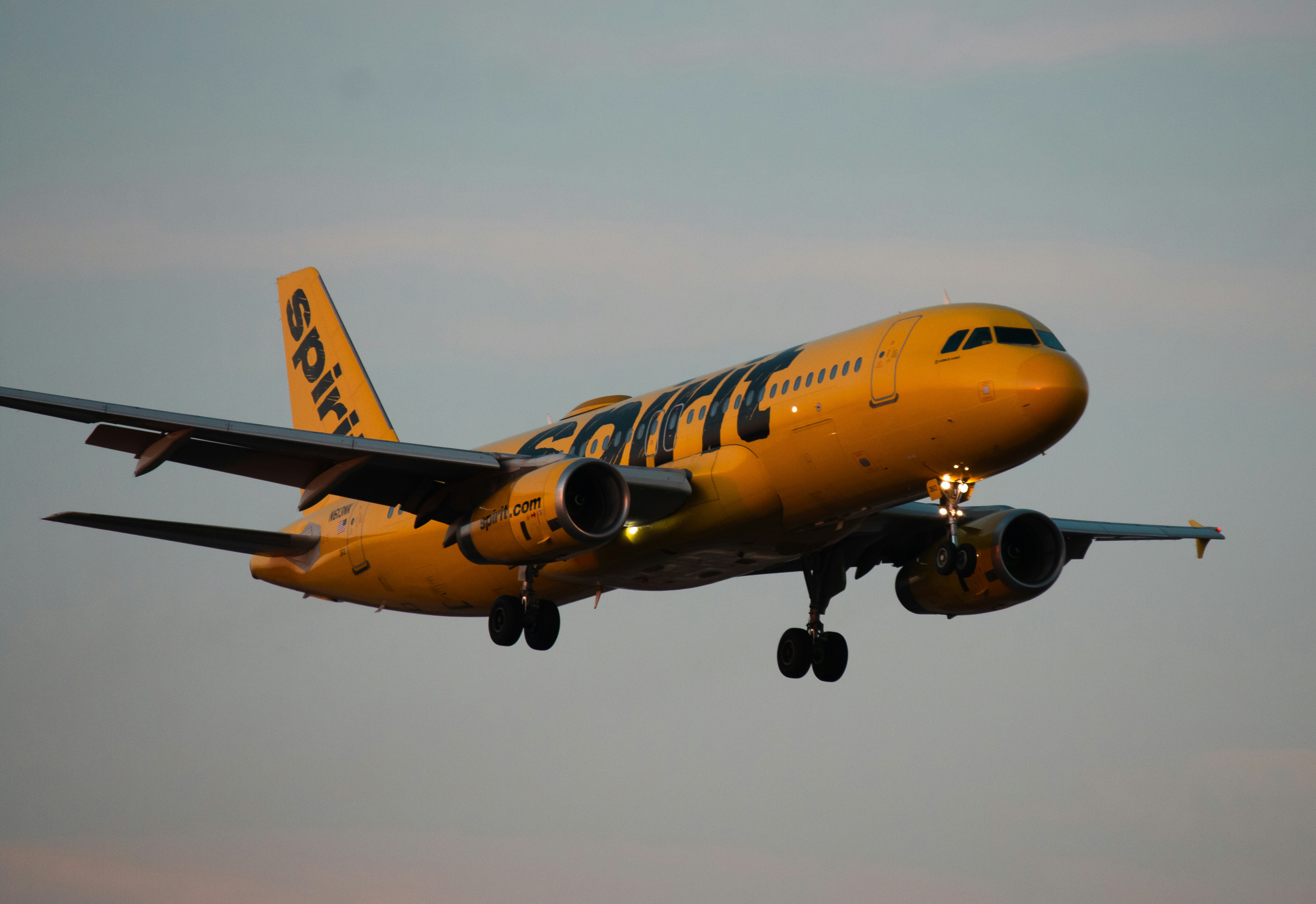 A yellow spirit airplane is landing.