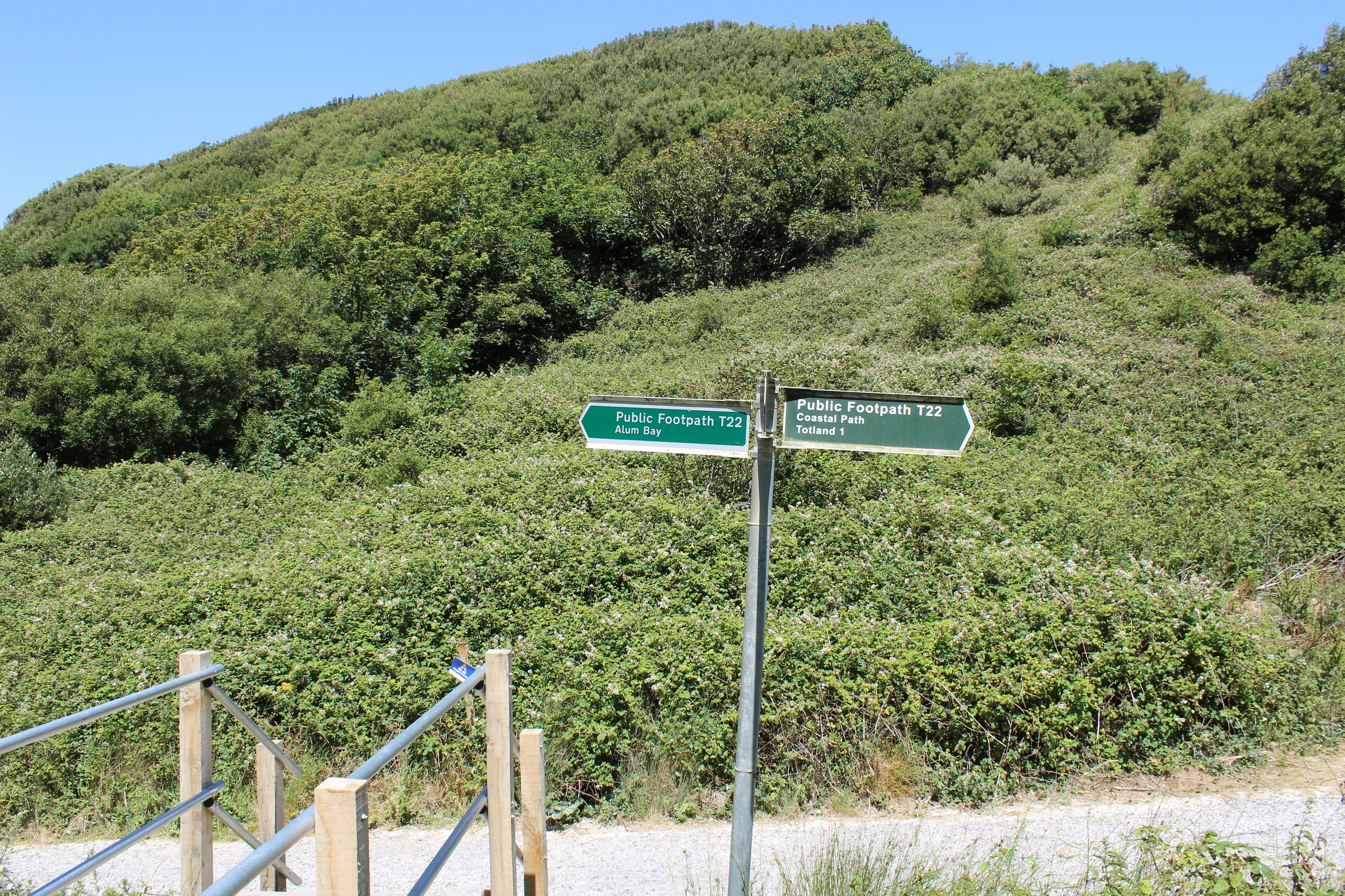 Directional signs point the way up a hillside.