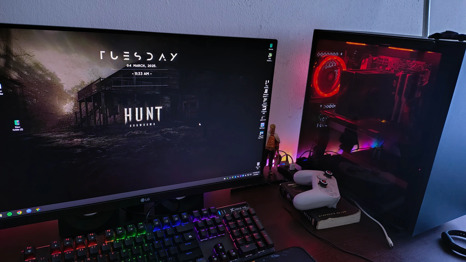 Gaming setup with monitor and red lighting