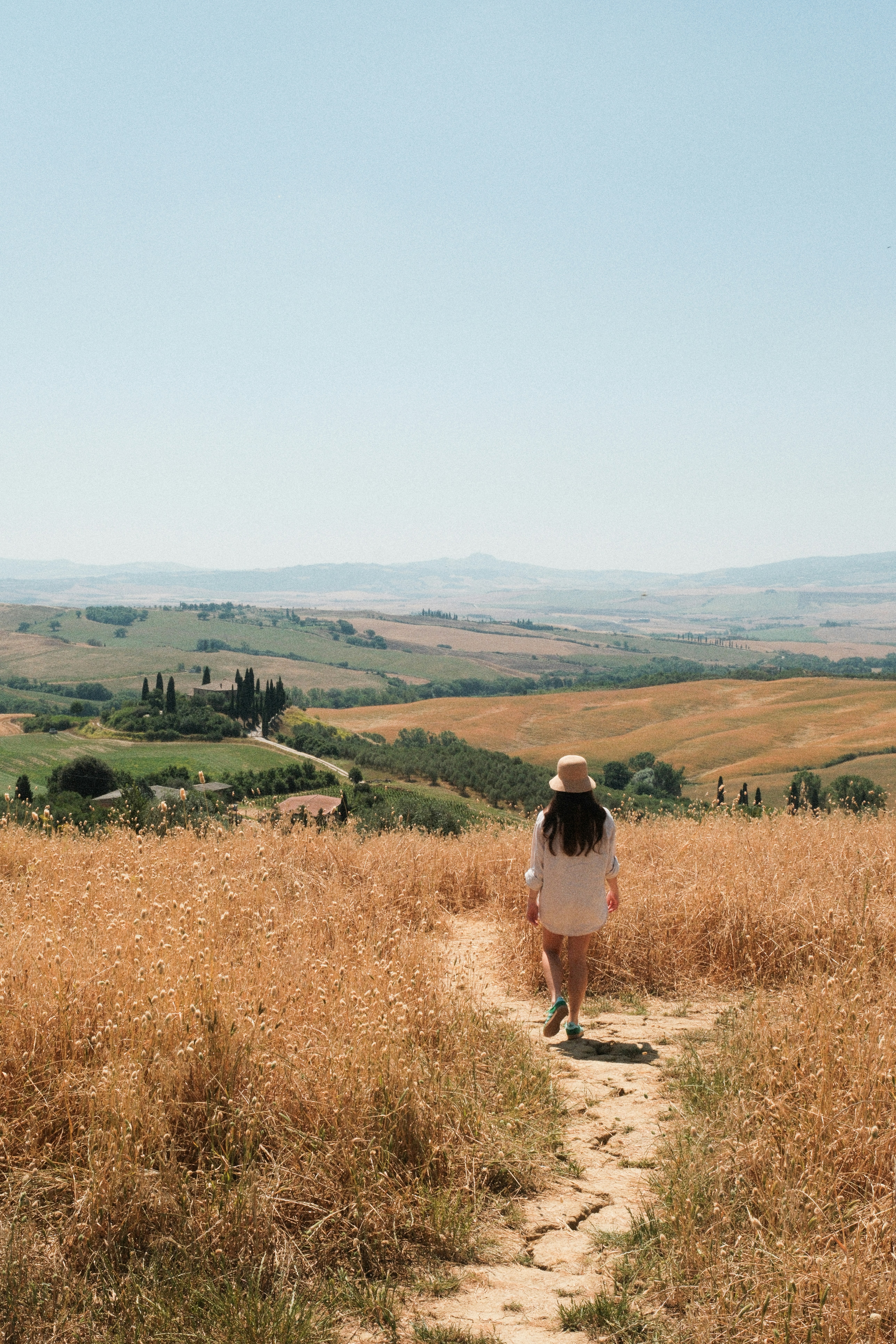 Woman walks through a golden field toward distant hills.