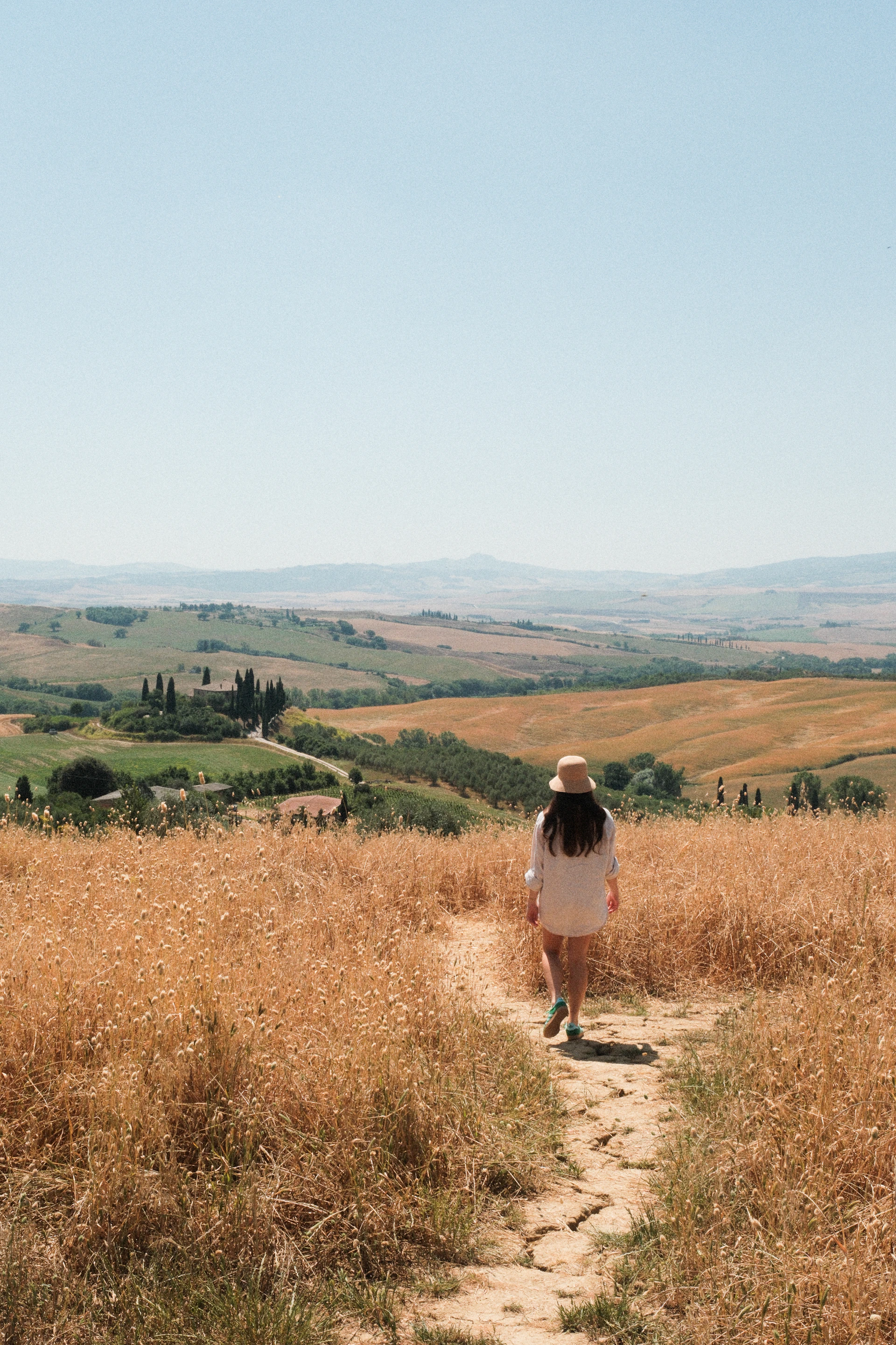 Woman walks through a golden field toward distant hills.