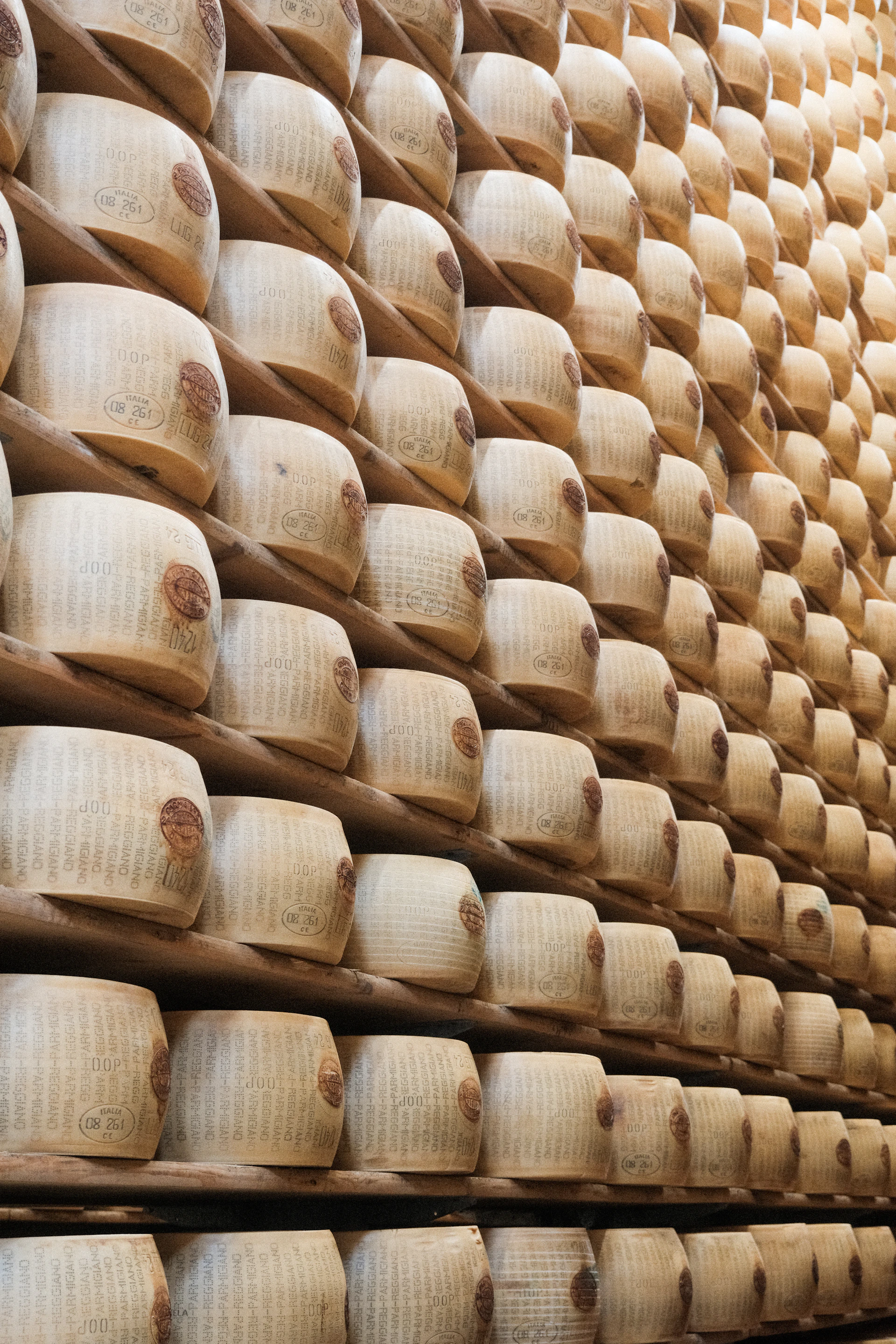 Rows of parmesan cheese wheels are neatly stacked.