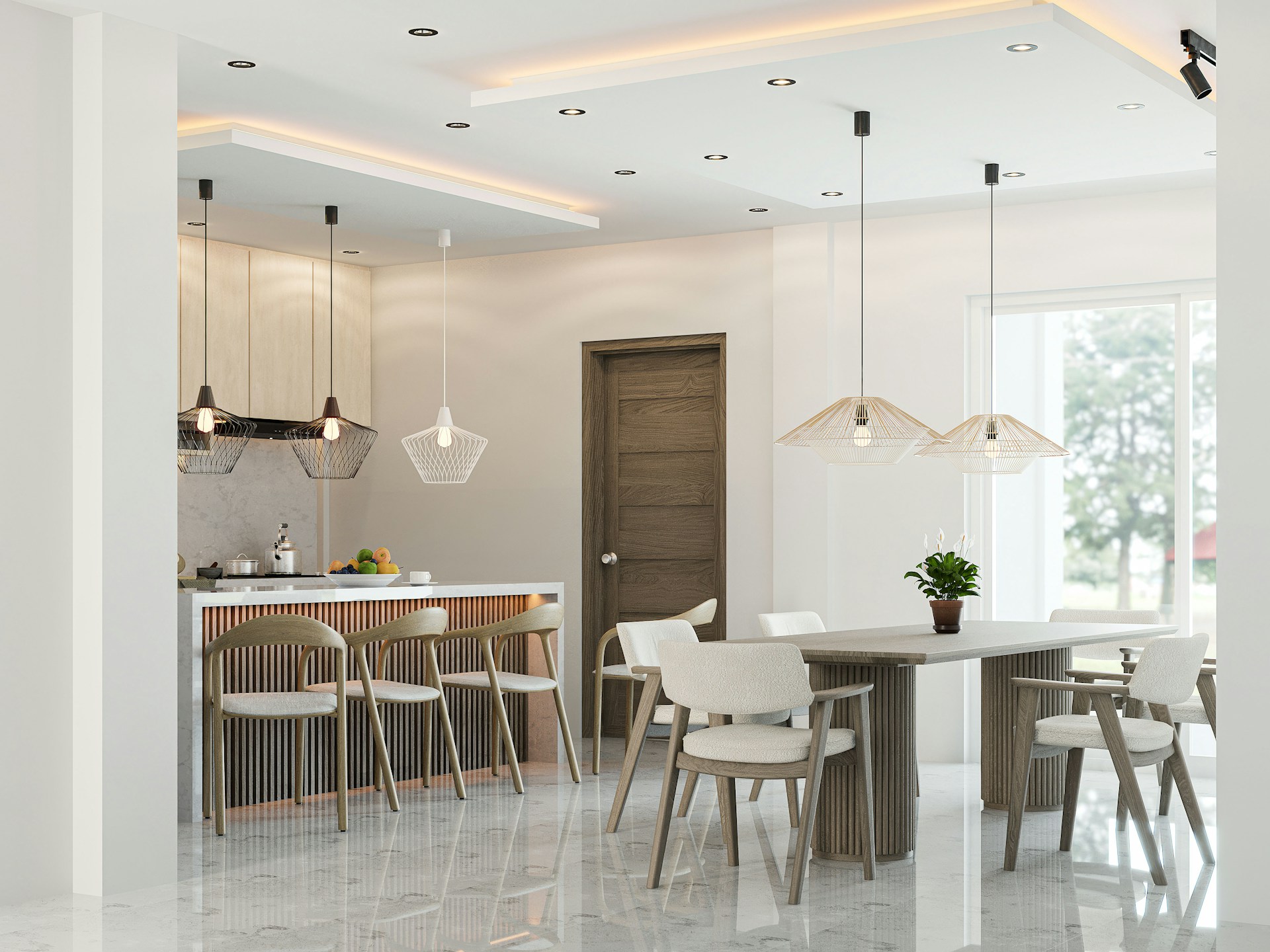 An open-concept dining and kitchen area.
