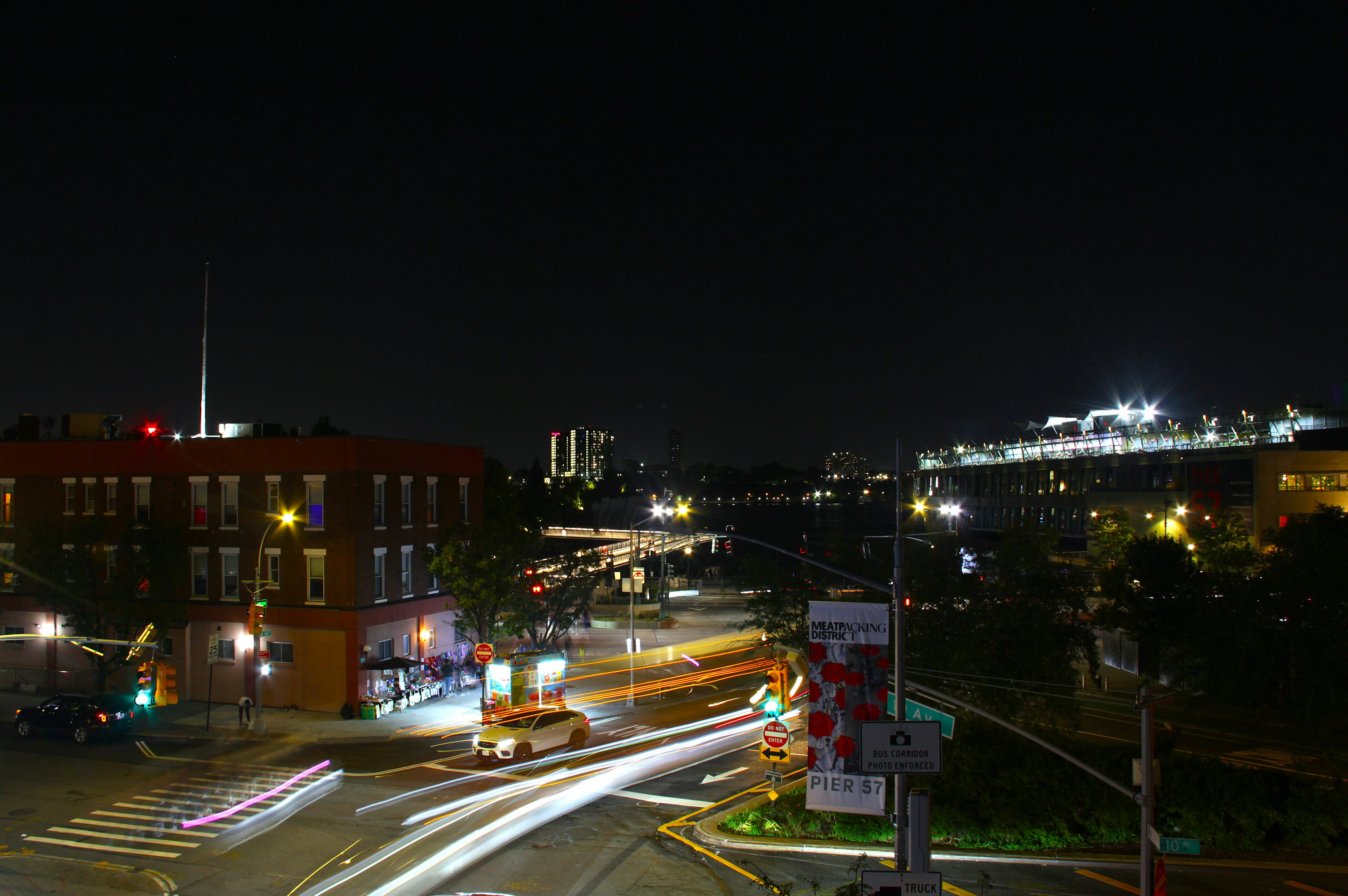 City lights shine at night.