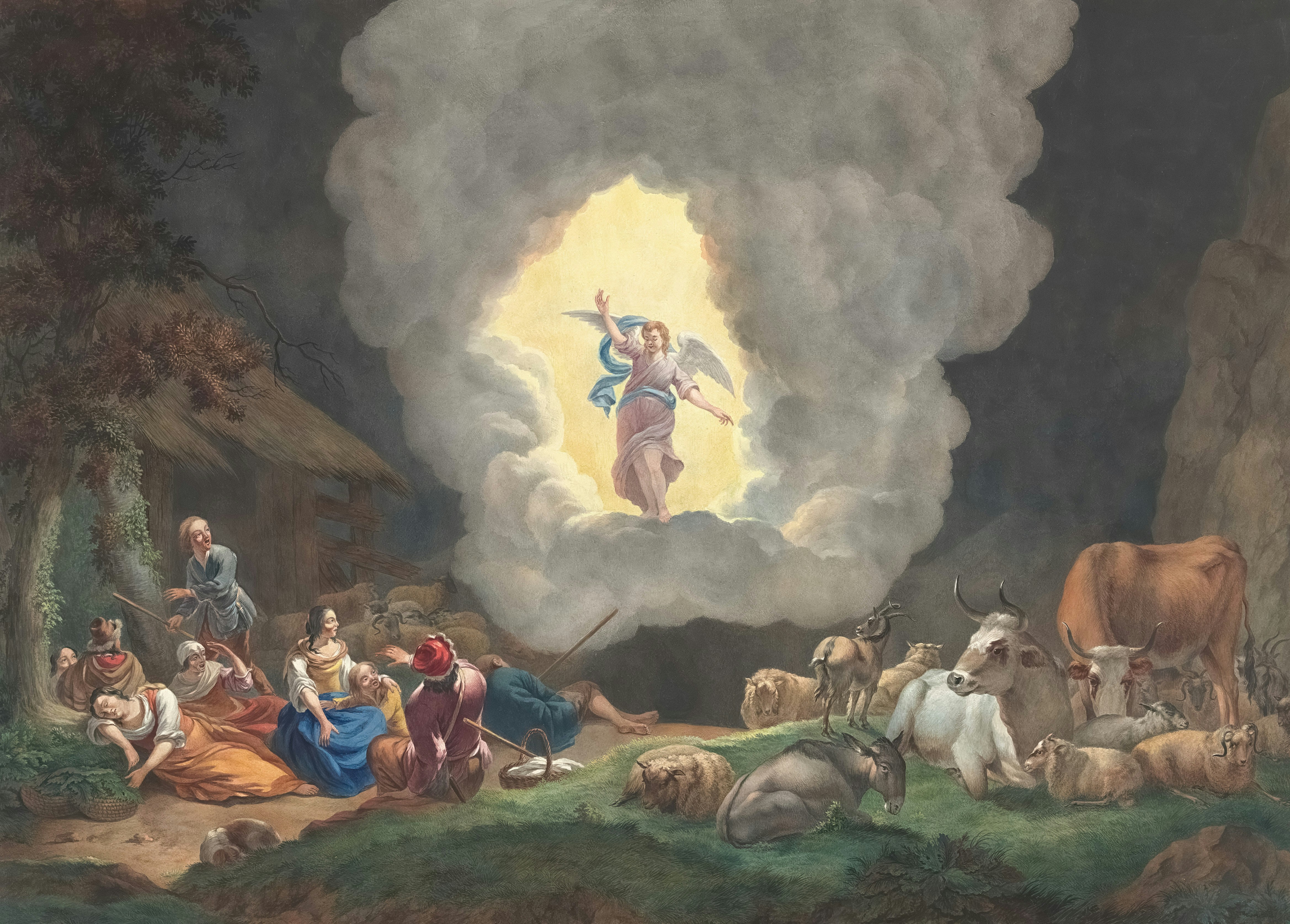 天使が羊飼いの前に明るい雲の中に現れます。の写真 – Unsplashの芸術