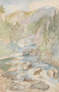A watercolor painting of a rocky stream in a forest.