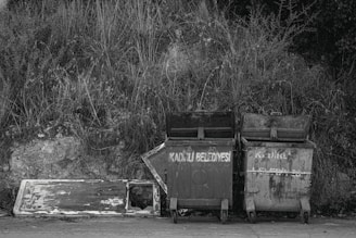Two trash bins stand beside debris.