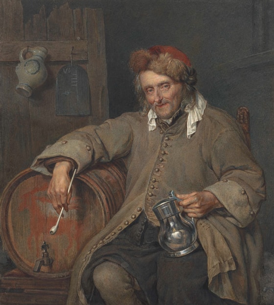 An elderly man drinks from a jug.